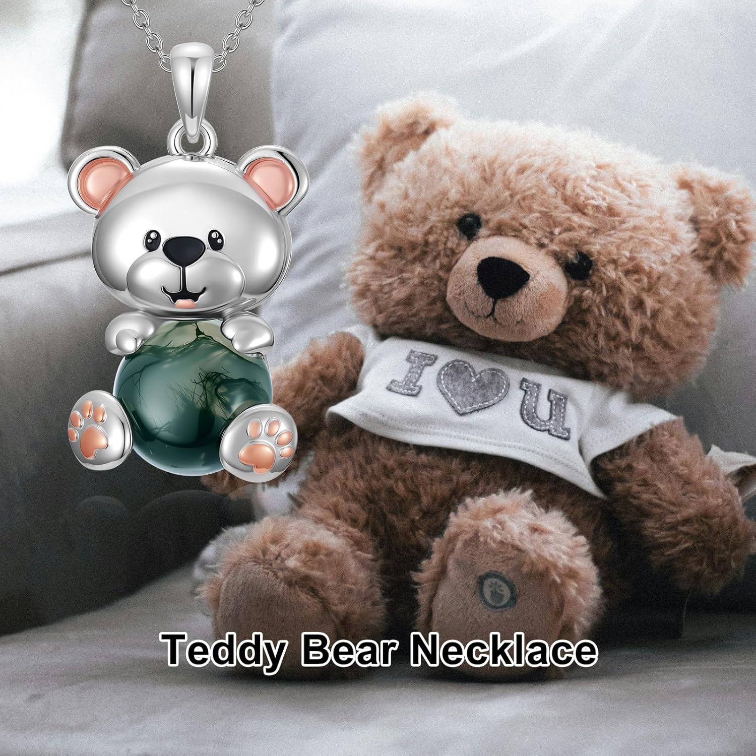 PROESS Hippo/Koala/Elephant/Teddy Bear Necklace 925 Sterling Silver Moss Agate Necklace Moss Agate Jewelry Gifts for Women - Image 5