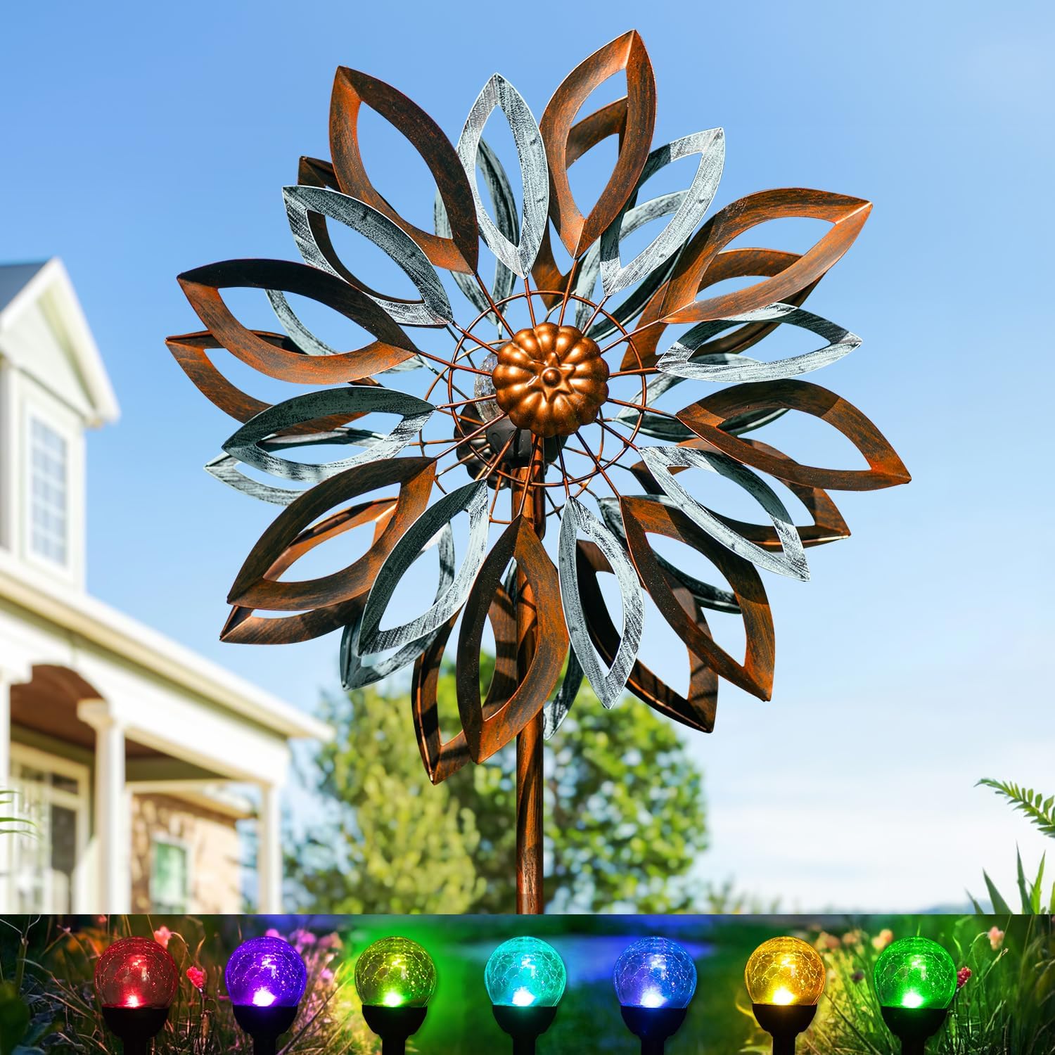 LimeHill Solar Wind Spinners Outdoor, Metal Large Wind Spinner with Stake, Garden Spinner Windmill for Yard, Gift for Family Friends (22" W x 87" H)