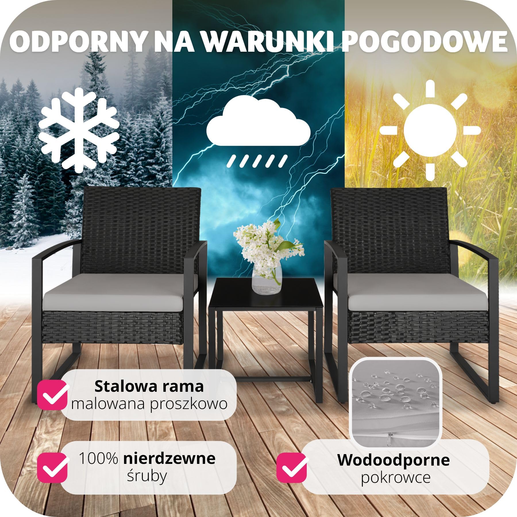 tectake® Rattanowy Zestaw Wypoczynkowy Granada ze Stolikiem dla 2 Osób, UV Odporny Polirattan, Wodoodporne Pokrowce, Stolik ze Szkłem, Regulowane Nóżki, Łatwy Montaż