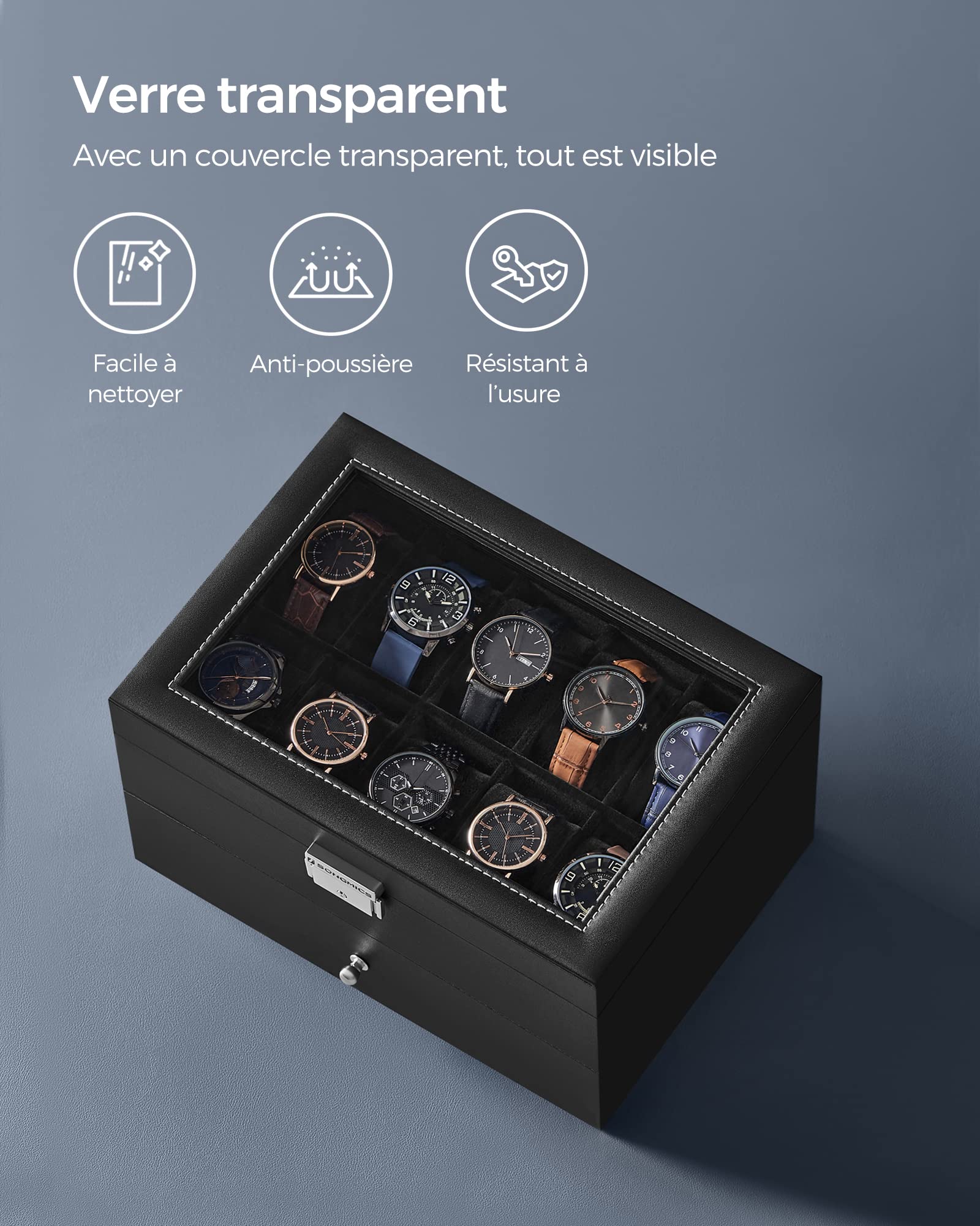 SONGMICS Boîte à Montres 20 Compartiments, Coffret à Montres, avec Couvercle en Verre, Écrin à 2 Niveaux, avec Coussinets Amovibles, Revêtement en Noir et Doublure en Noir JWB020B01