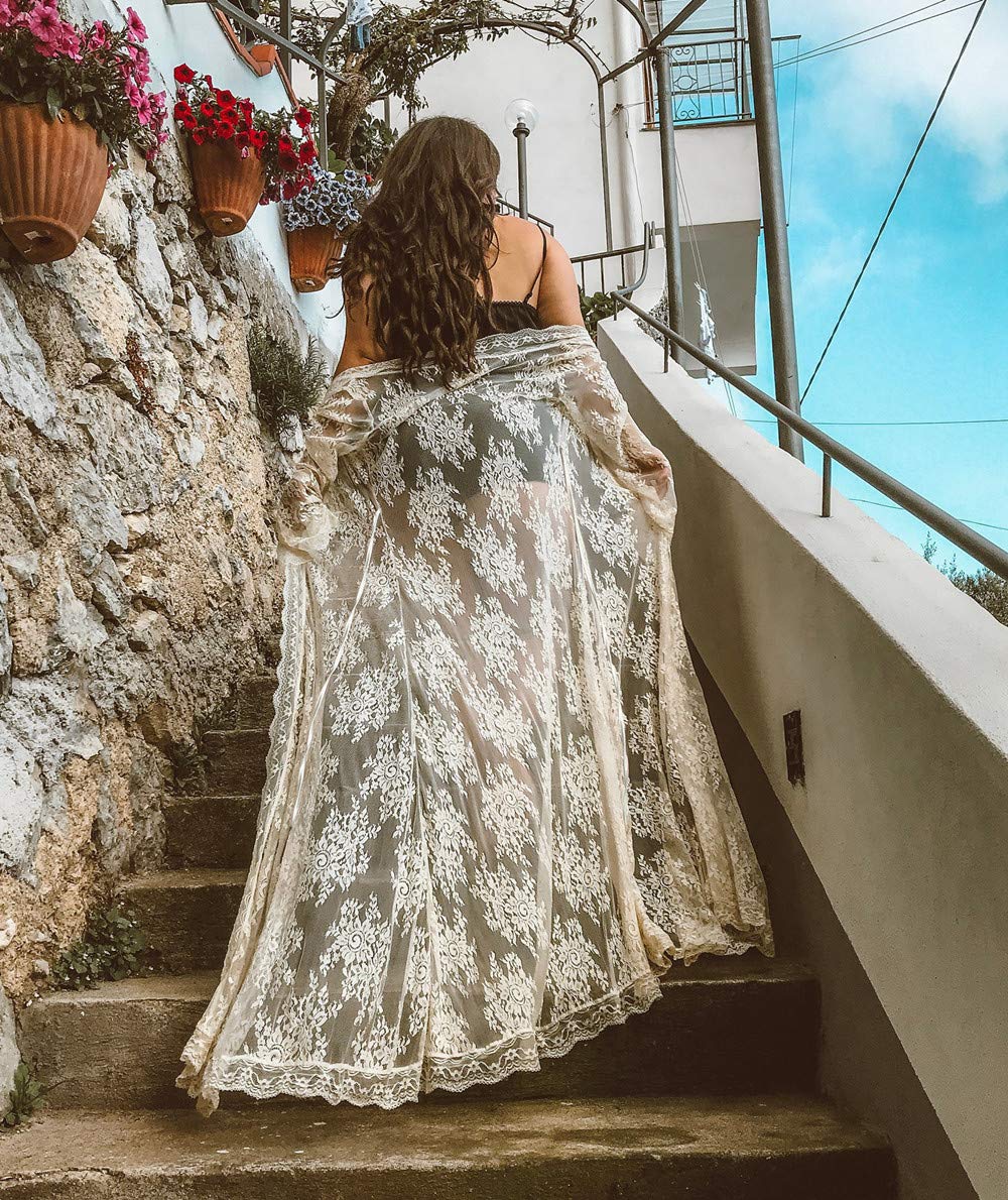 Damska koronkowa sukienka kwiatowa luźna kaftan boho pojemne kimono plażowe okrycie bikini sukienki