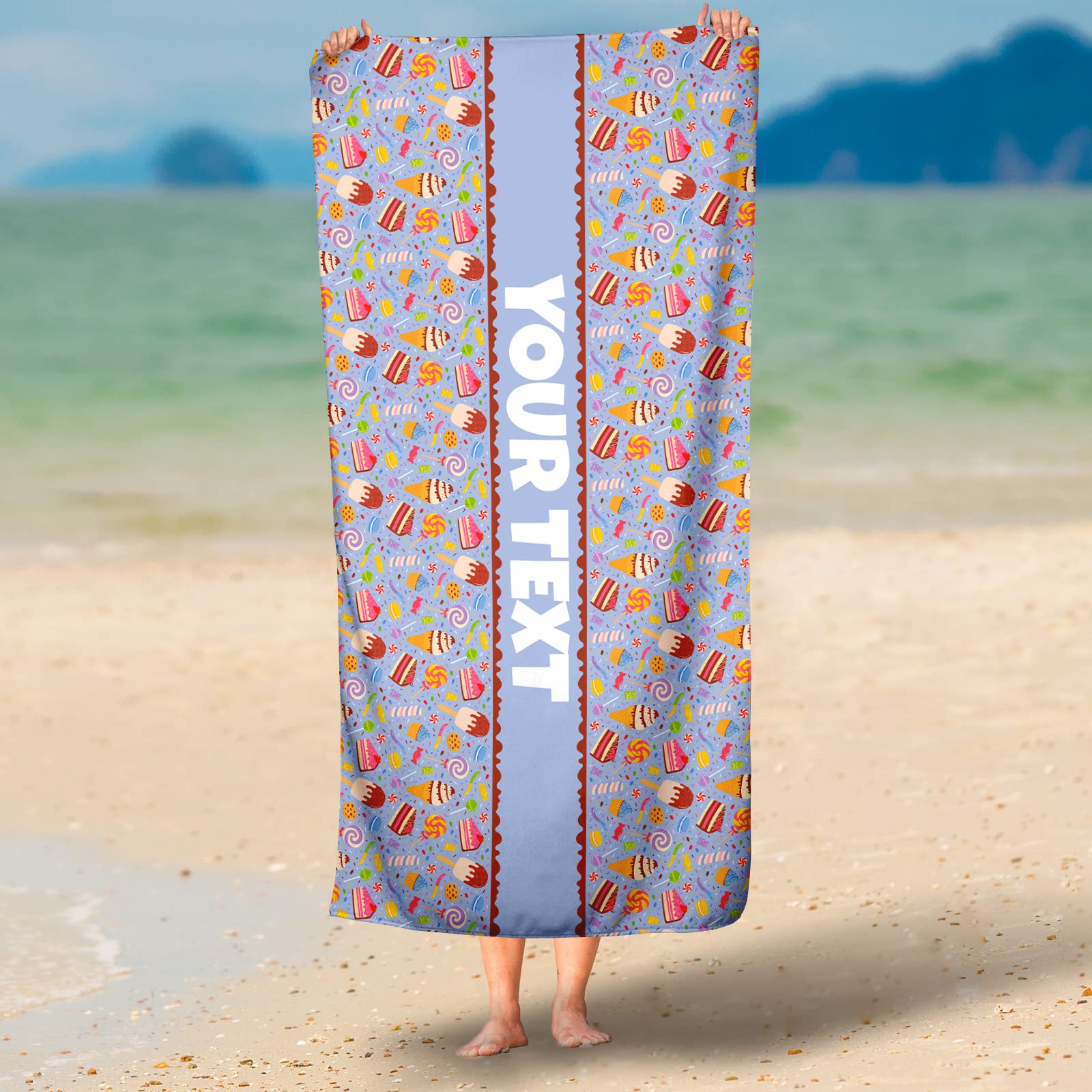 Personalized Beach, Pool, Bath Towel for Kids - Sweets, Custom Name/Text, Quick-Dry/Absorbent for Summer/Vacation/Children's Bathroom, Customized Gift/Birthday Present for Boys/Girls, 30