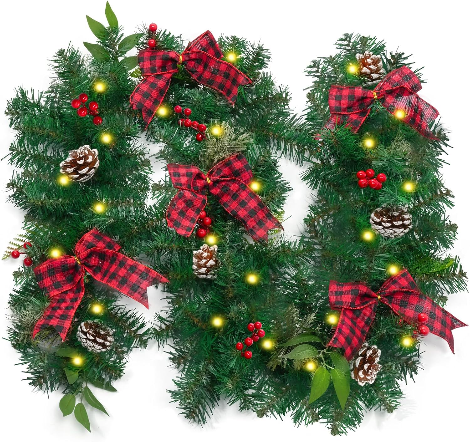 6FT Christmas Garland with Lights, Battery Operated Garland with Pinecones, Berries, Bows, Ornaments, 50 LED Lights 8 Modes, Christmas Decorations Mantle Fireplace Indoor Outdoor Home 6 FT