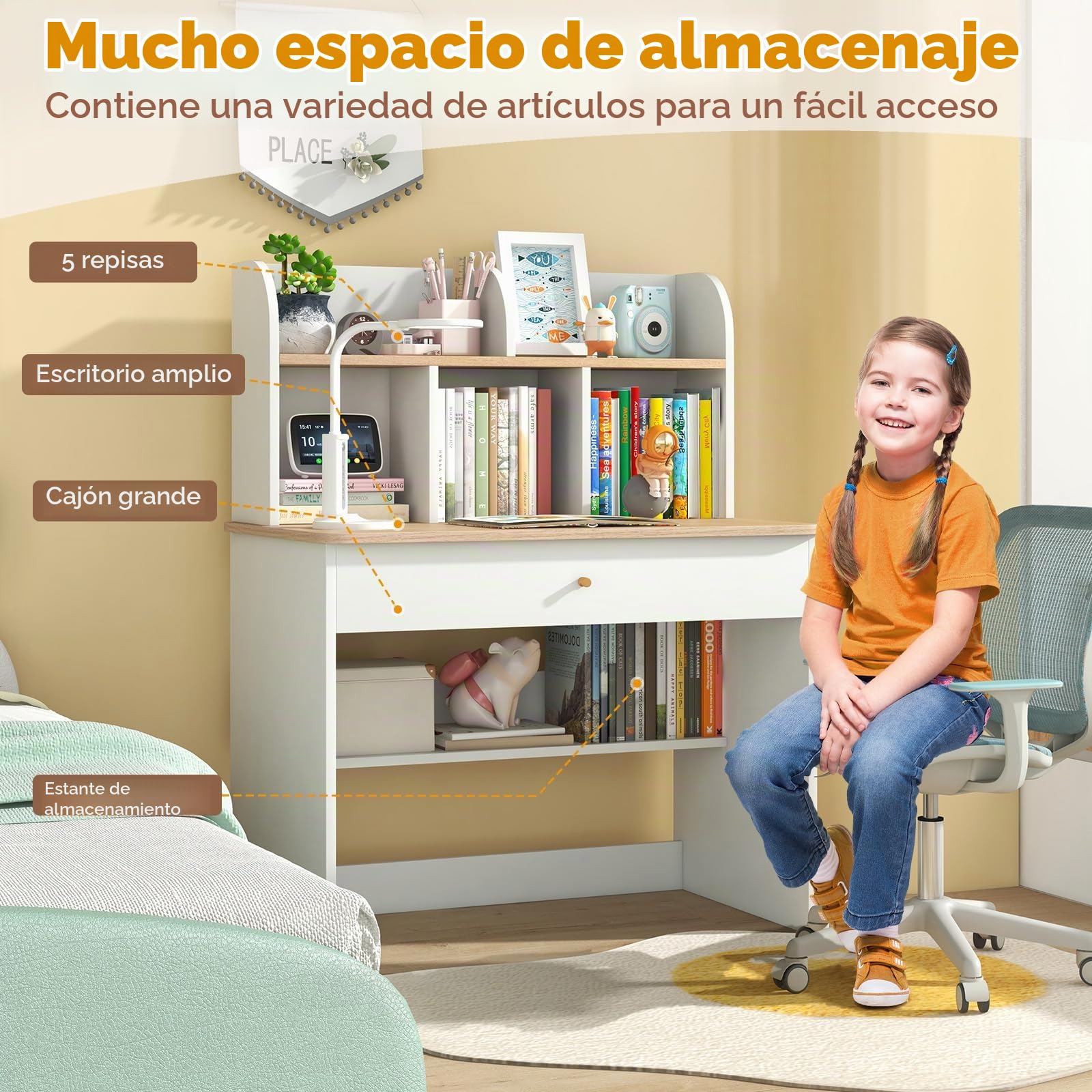 LIFEZEAL Escritorio Infantil, Mesa de Estudio para niños, Escritorio ergonómico con estantes Abiertos y cajón, estación de Trabajo con estantería de Almacenamiento para Estudiantes, Blanco