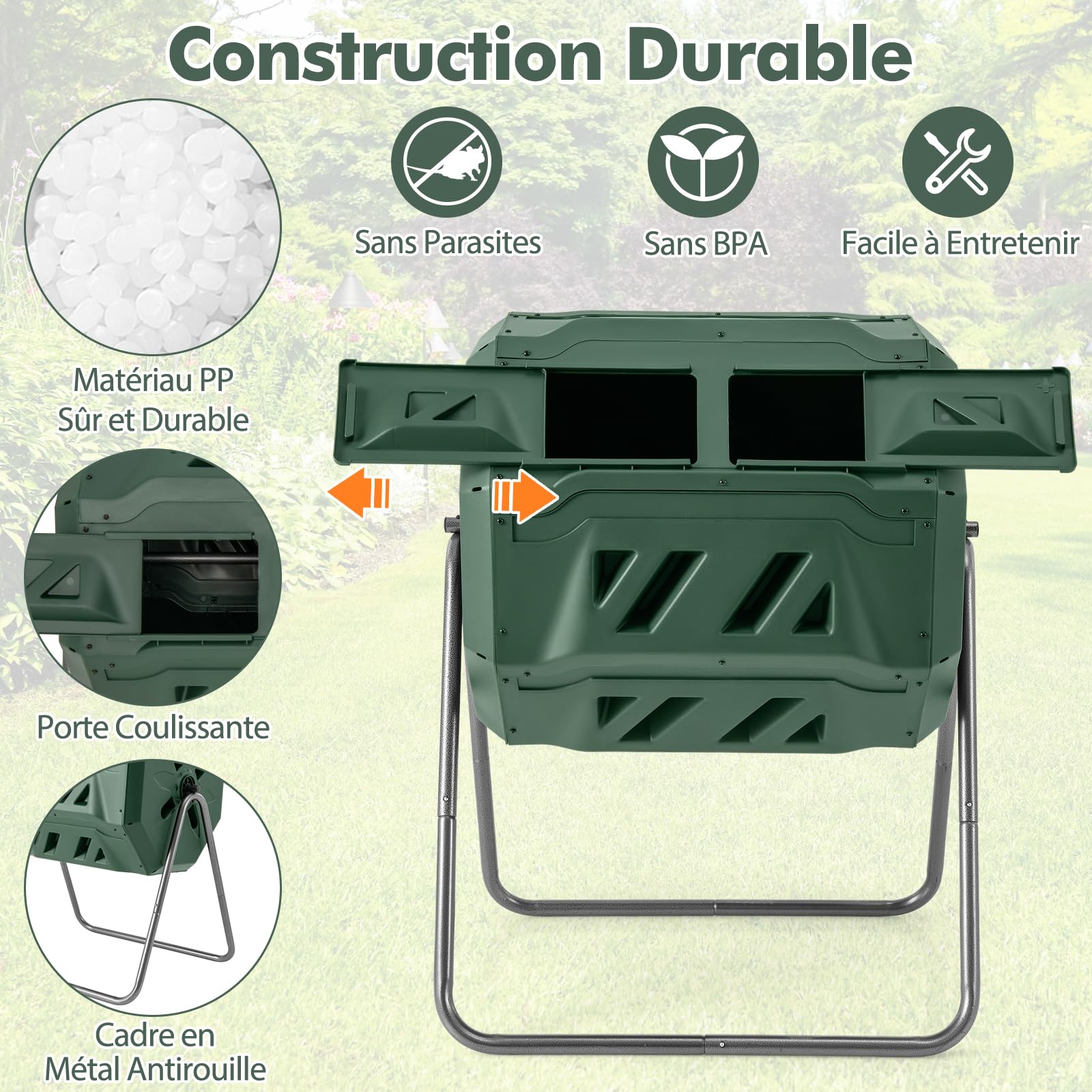 GOPLUS Composteur de Jardin, Bac à Compostage à Double Chambre de 160 L avec 2 Portes Coulissantes, Cadre en Métal, Grand Composteur Rotatif sans BPA pour Déchets de Cuisine, Jardin, Cour (Vert)