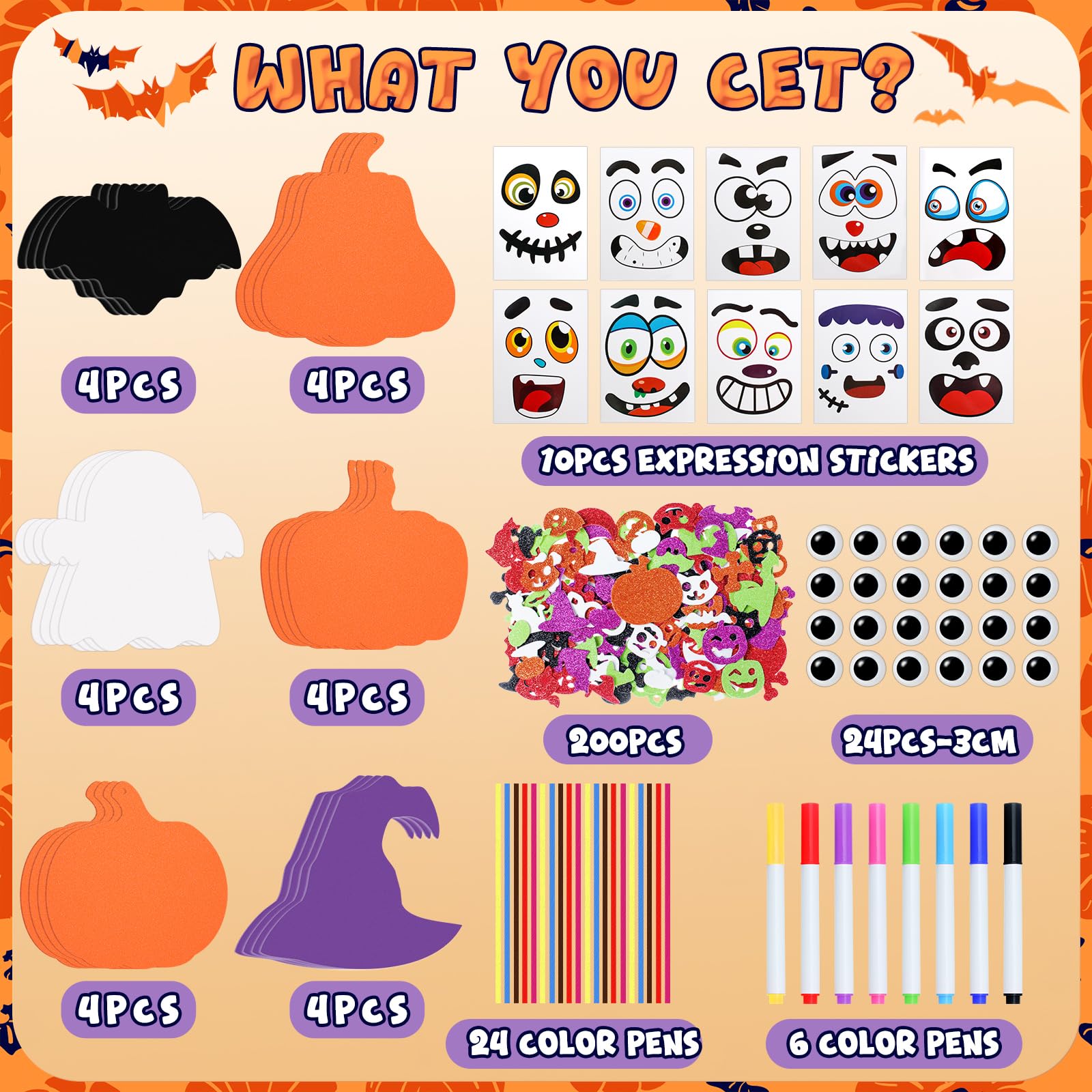 GOMANCHE 290Pcs Halloween Crafts for Kids, Bulk Halloween Foam Pumpkins, Bat, Ghost & Witch Hat Hanging Ornaments - Image 2