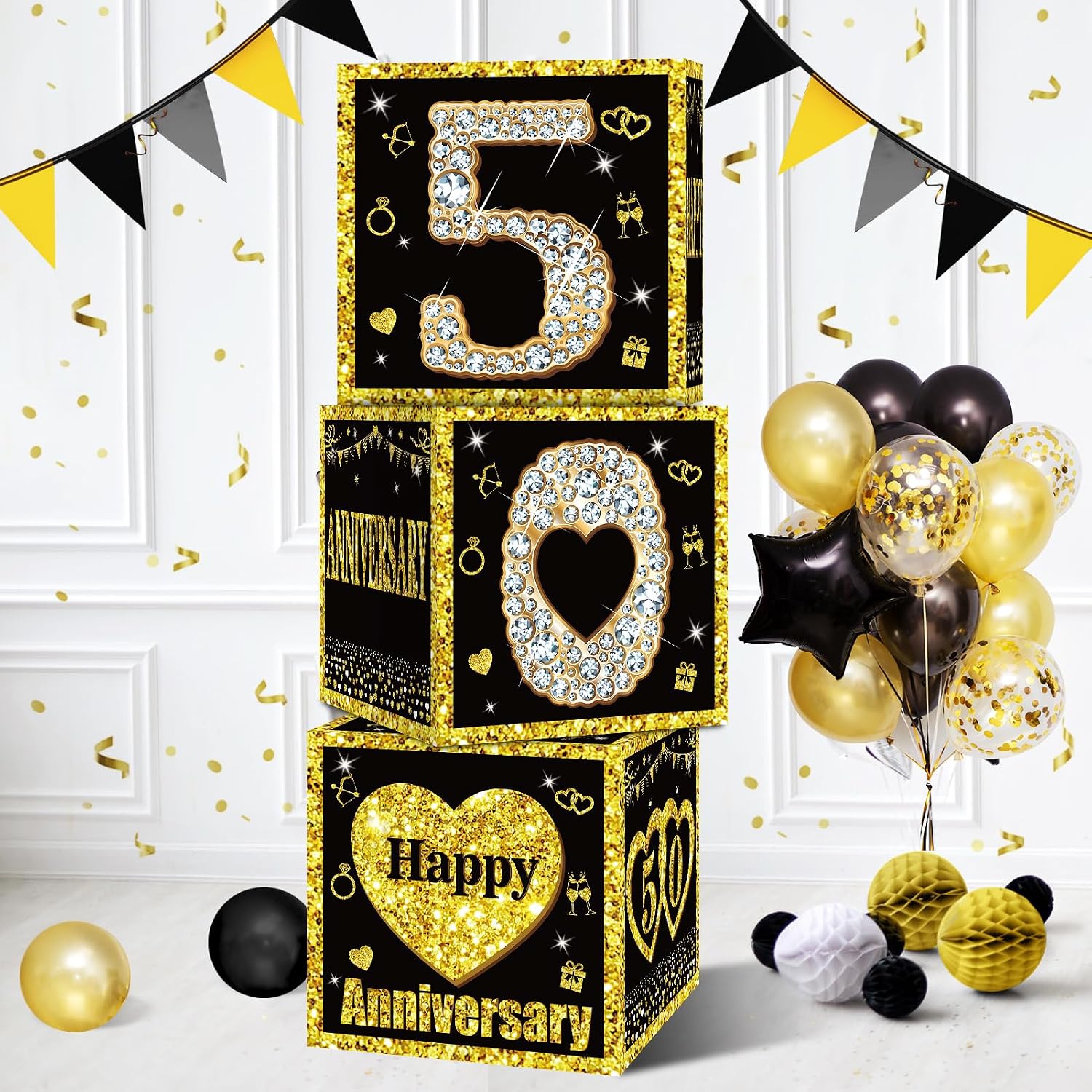Zirtorei 3Pcs 50th Wedding Anniversary Decorations Boxes, Black Gold Happy 50 Anniversary Balloons Boxes Party Supplies, Cheers to 50 Years of Golden Jubilee Themed Cardboard Box