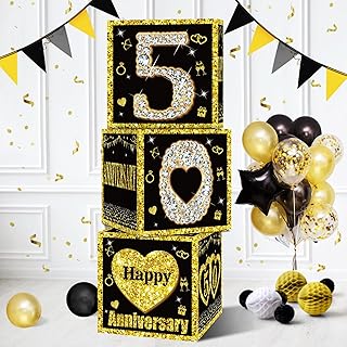 Zirtorei 3Pcs 50th Wedding Anniversary Decorations Boxes, Black Gold Happy 50 Anniversary Balloons Boxes Party Supplies, Cheers to 50 Years of Golden Jubilee Themed Cardboard Box
