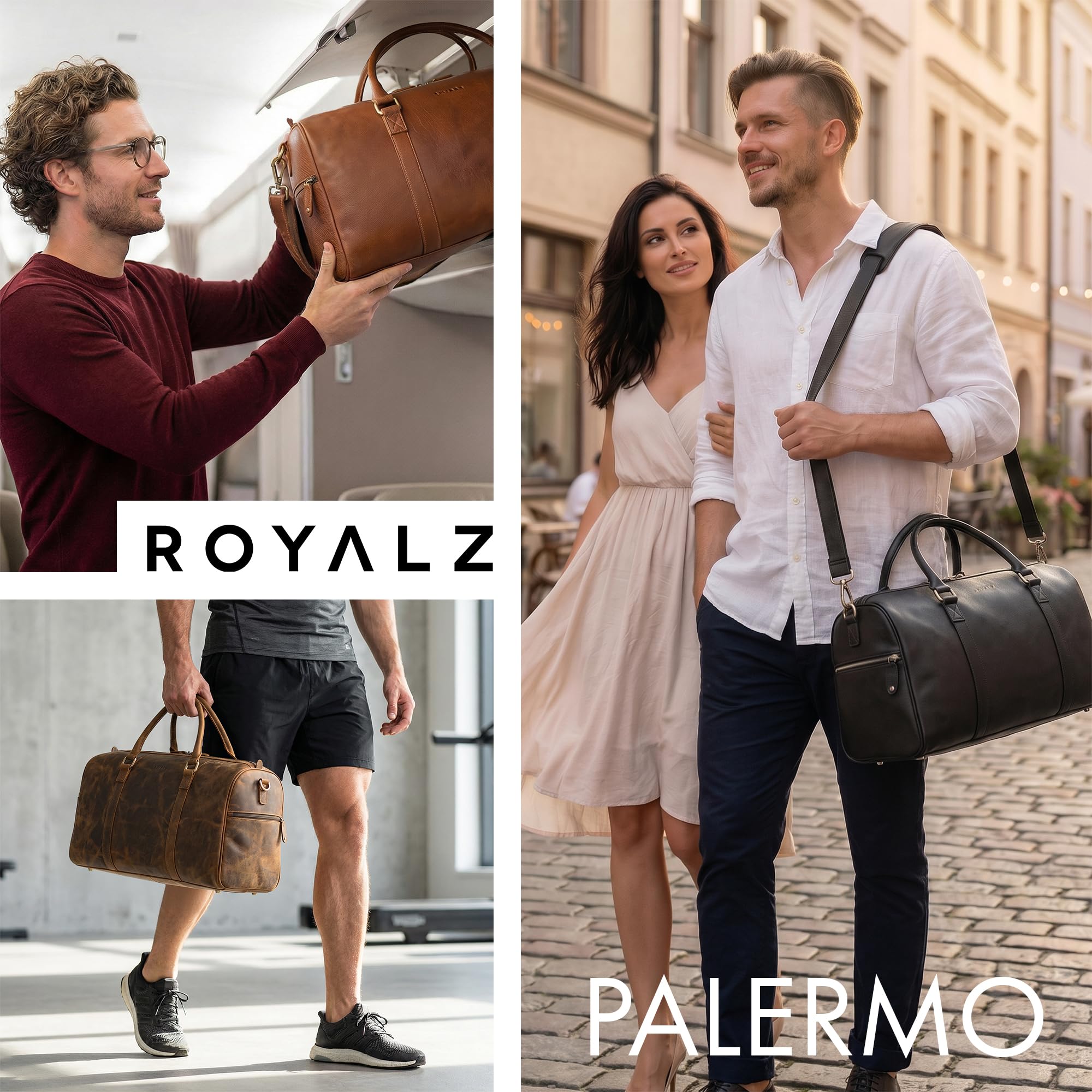 ROYALZ Palermo Premium Weekender męska, skórzana mała, do zawieszenia – mała torba podróżna, bagaż podręczny, rozmiar na krótkie wycieczki, do pracy, w podróży i z prawdziwej skóry, kolor: czarny