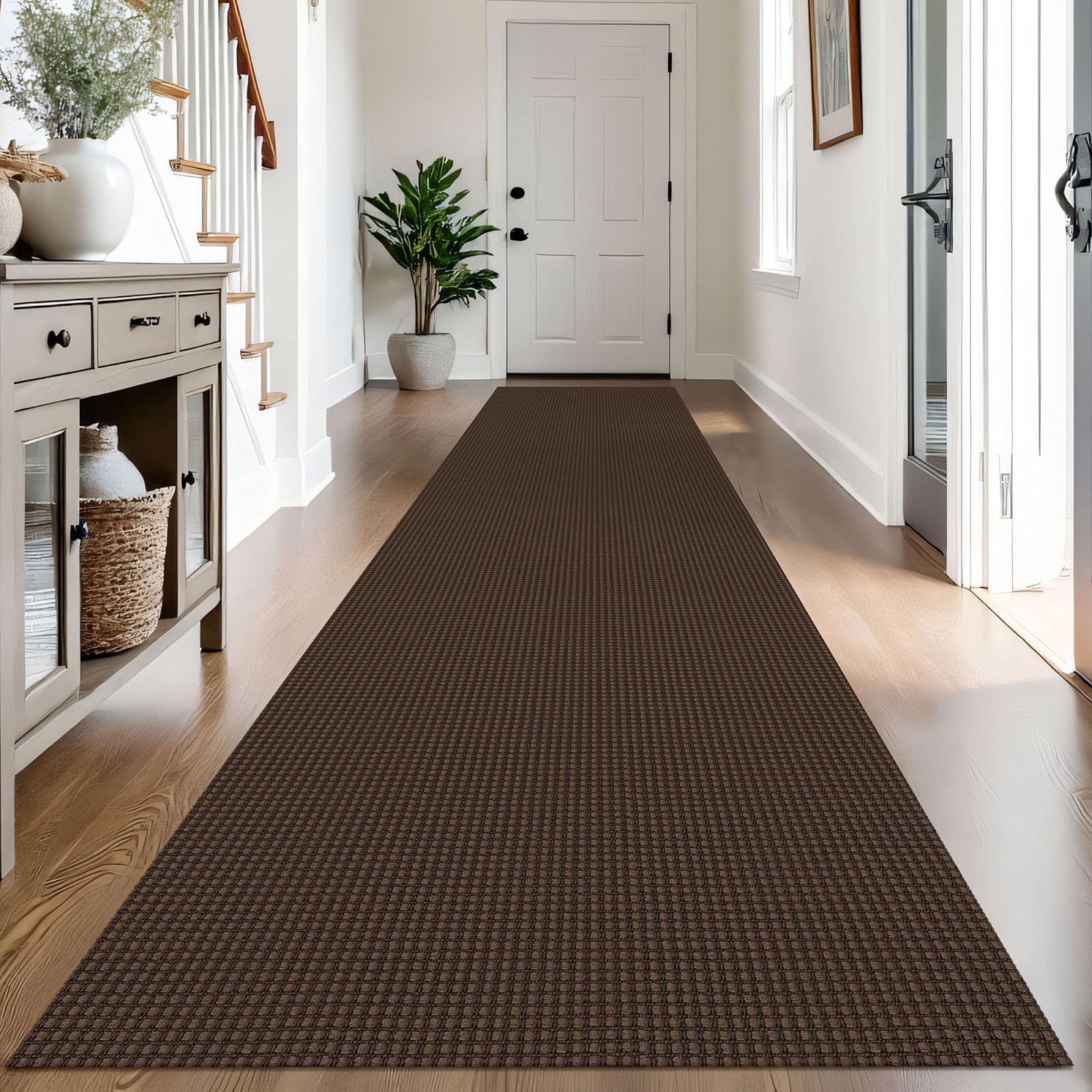 IOHOUZE Washable Exrea Long Hallway Runner Rug 3x14 Non Slip Rubber Backed Kitchen Runner Entryway Runner Indoor, Woven Rugs Floor Carpet for Kitchen Hall Entryway Stair,Brown