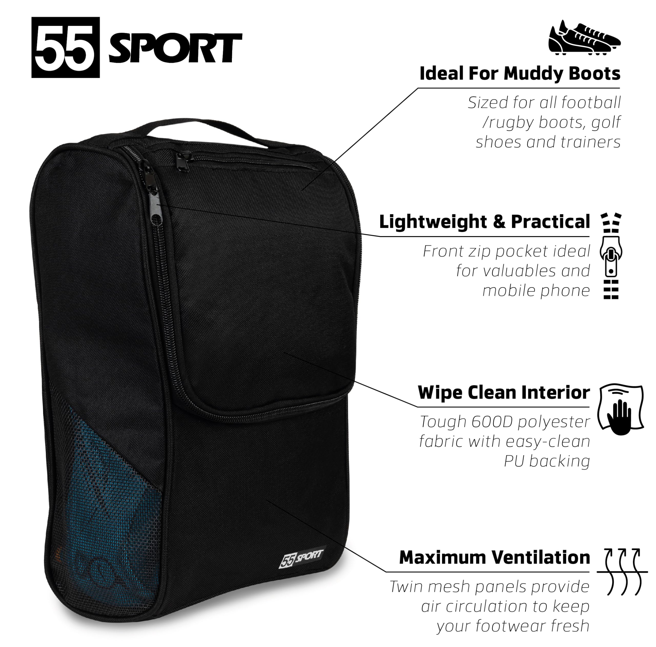Ventilated Shoe Bag with Zipped Pocket Black