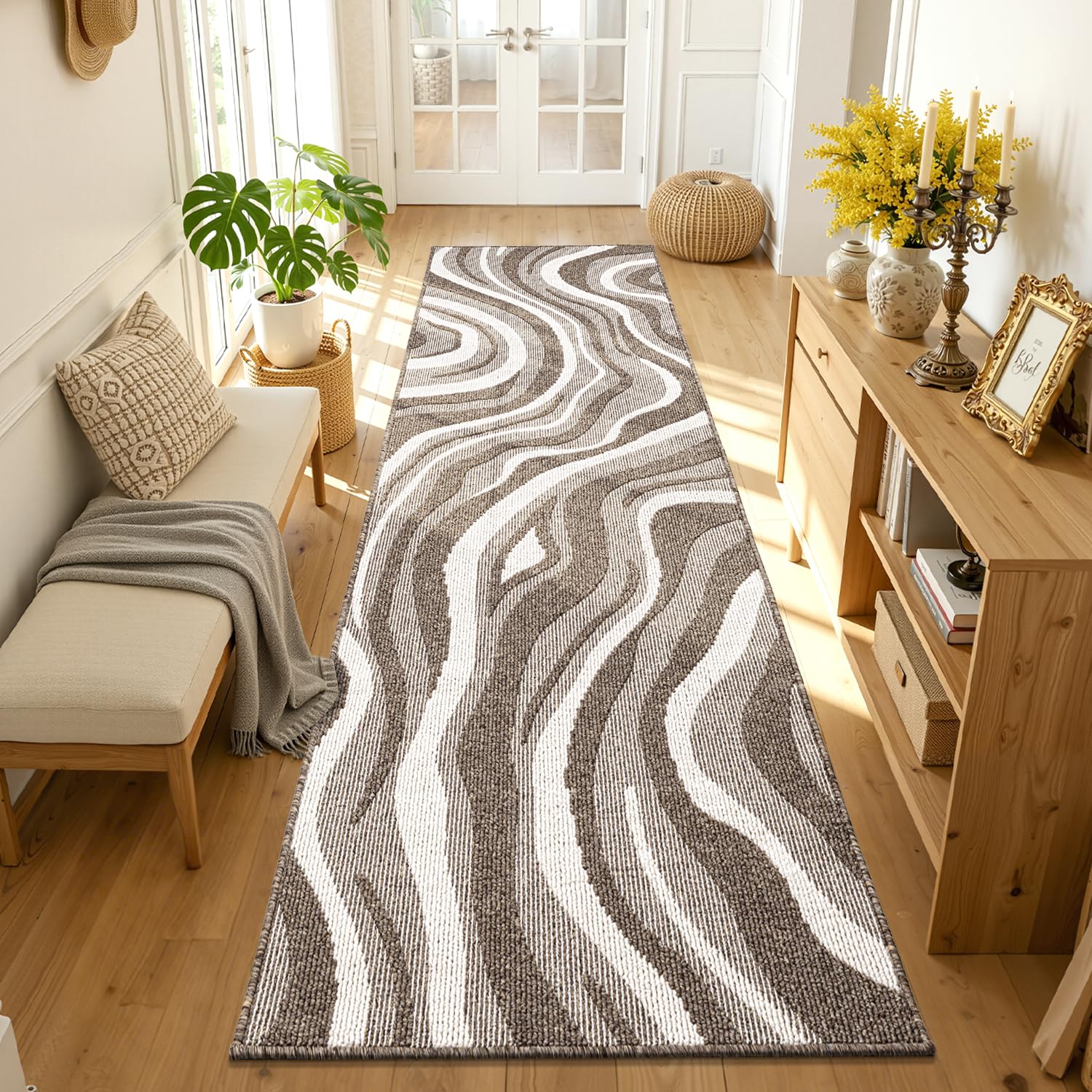 Homodeco Hallway Runner Rug 80 X 300cm, Extra Long Non Slip Carpet Runners Machine Washable Hall Runner Absorbent Hallway Rug for Kitchen Laundry Bedroom Entrance, Brown Beige & Abstract Line
