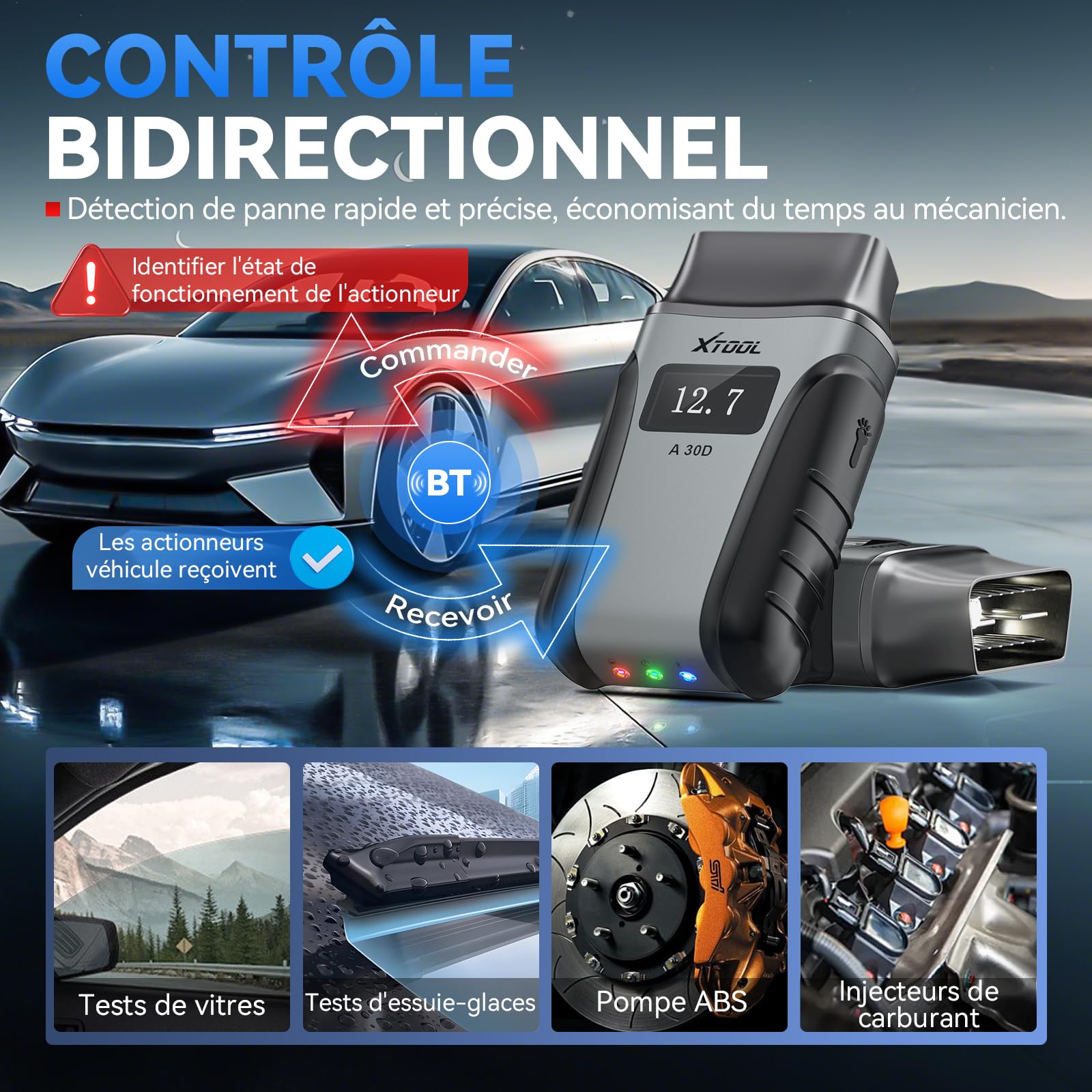 XTOOL A30D OBD2 Valise Diagnostic Auto BT, 2026 Lecteur OBD2 Voiture Français, 19+ Réinitialisations, Test Actif, Diagnostic Tous Systèmes, Can FD, Mises à Jour à Vie, Anglais par Défaut