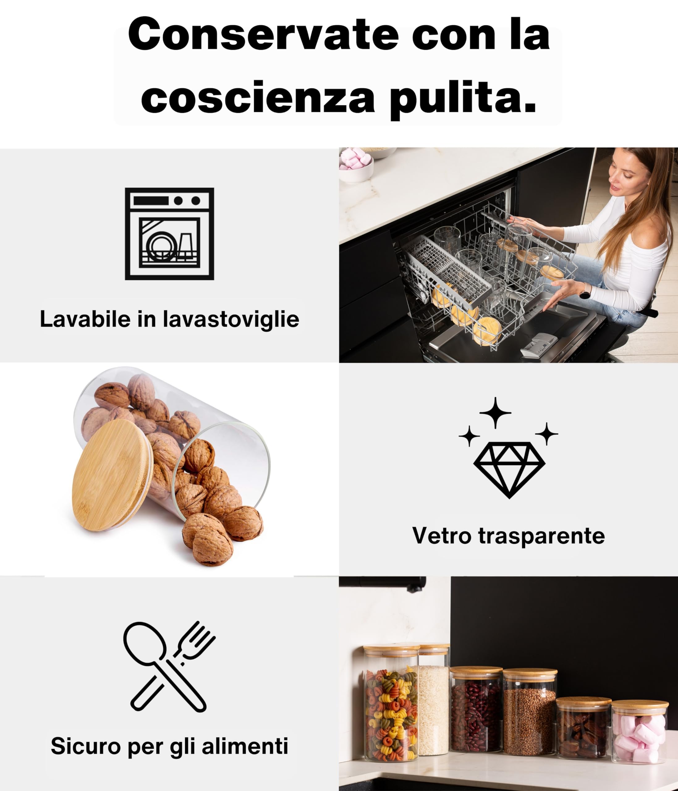 Deco haus Barattoli Vetro con Coperchio Legno Set di 8 [+ETICHETTE] - Contenitori Pasta Vetro - Contenitori Cucina - Porta pasta contenitore per Biscotti, Farina, Cereali, Spaghetti