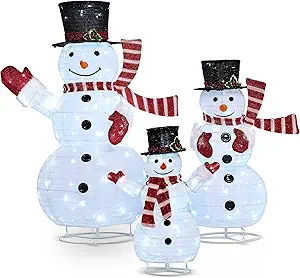 JOIEDOMI 3 Pcs 3D Christmas Collapsible Snowman Yard Light 270 Pre-Lit LED Cool White Lights for Indoor Outdoor Garden Holiday Décor, Christmas Event Decoration, Christmas Eve Night, Red Scarf