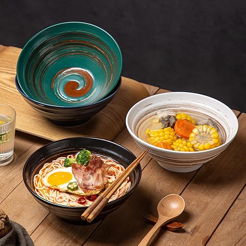 Miniatura 3 de YUN TAO Juego de 4 cuencos de cerámica para ramen, cuencos grandes de estilo japonés de 35 onzas para ensalada, Udon, Soba, Pho Pasta, fideos