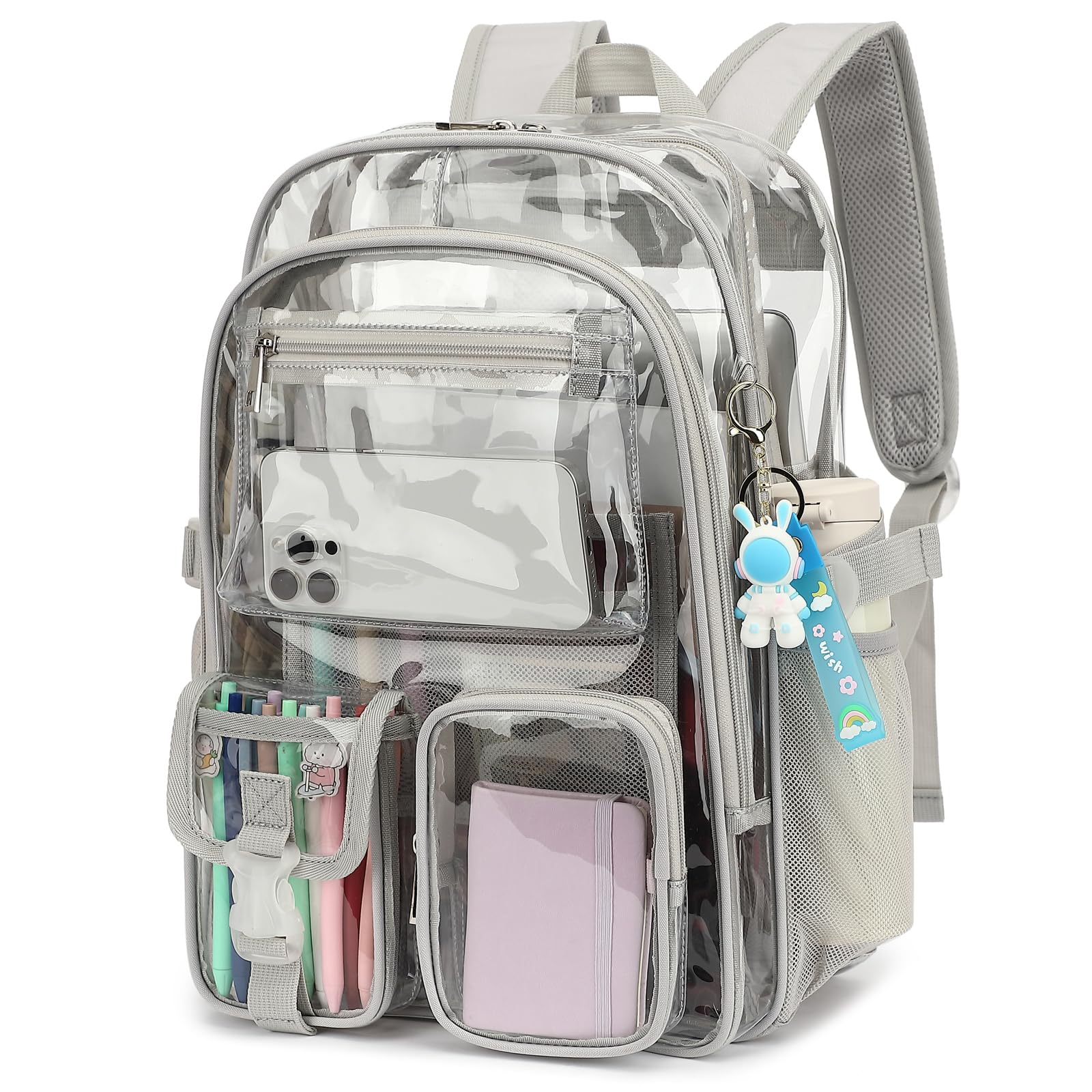 Kouxunt Clear Backpack Heavy Duty Transparent Backpacks Stadium Approved for School Work Sport Travel (Grey)