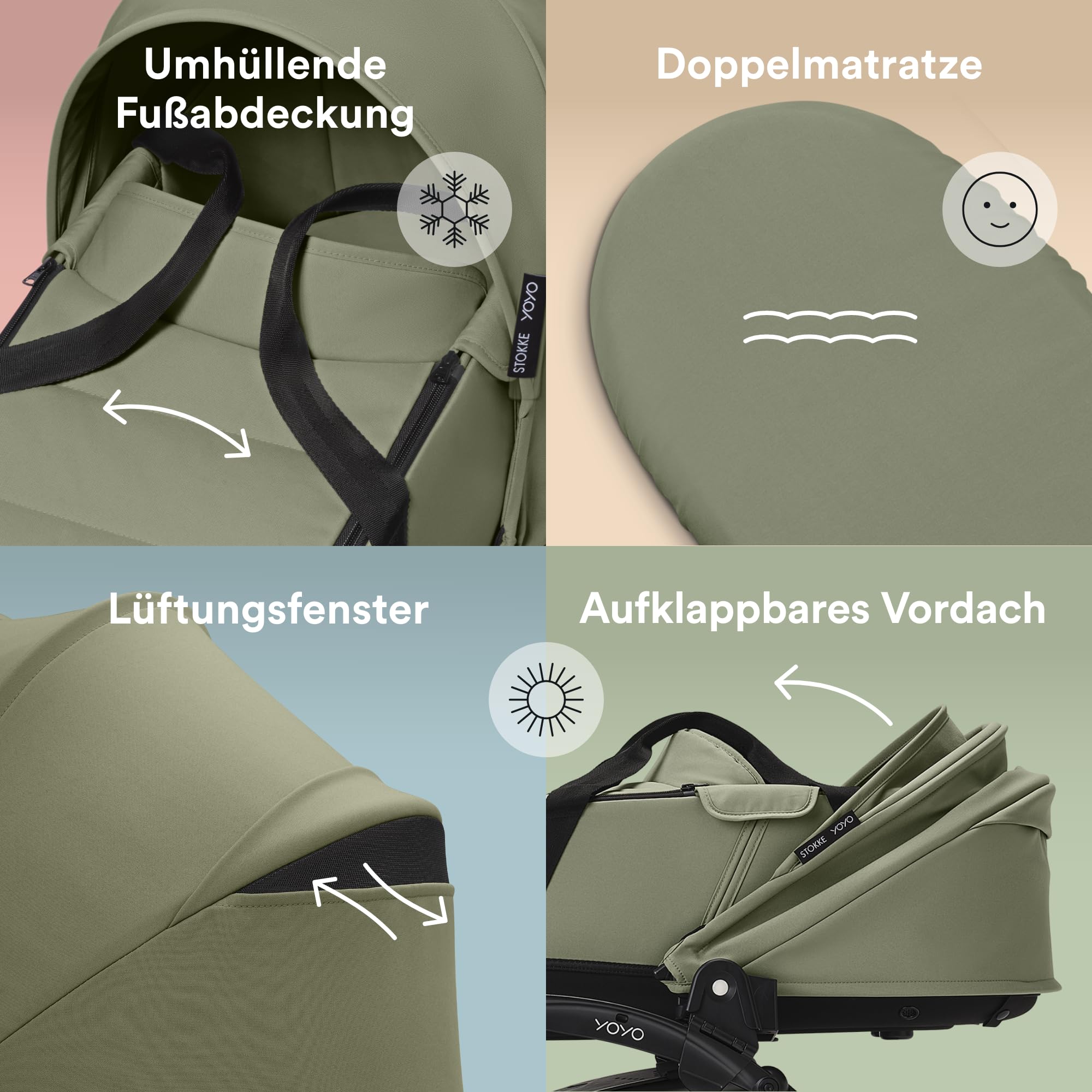 Stokke YOYO3 Kinderwagen mit Liegewanne schwarzem Rahmen YOYO 6+ Textilset Olive