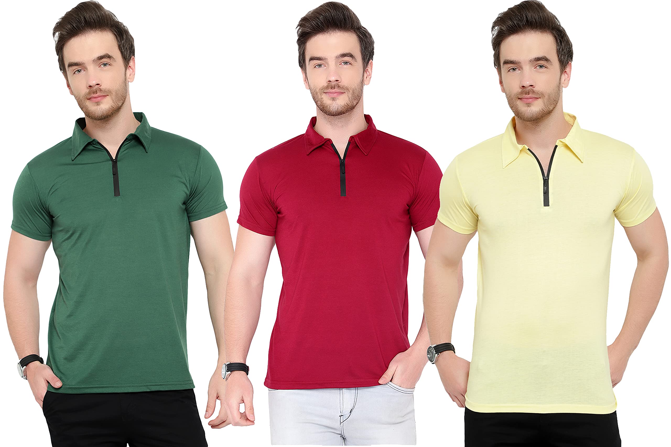 Bribzy Men's Half Sleeve Zip Neck (Bottle Green, Maroon, Lemon_M) Pack of 3
