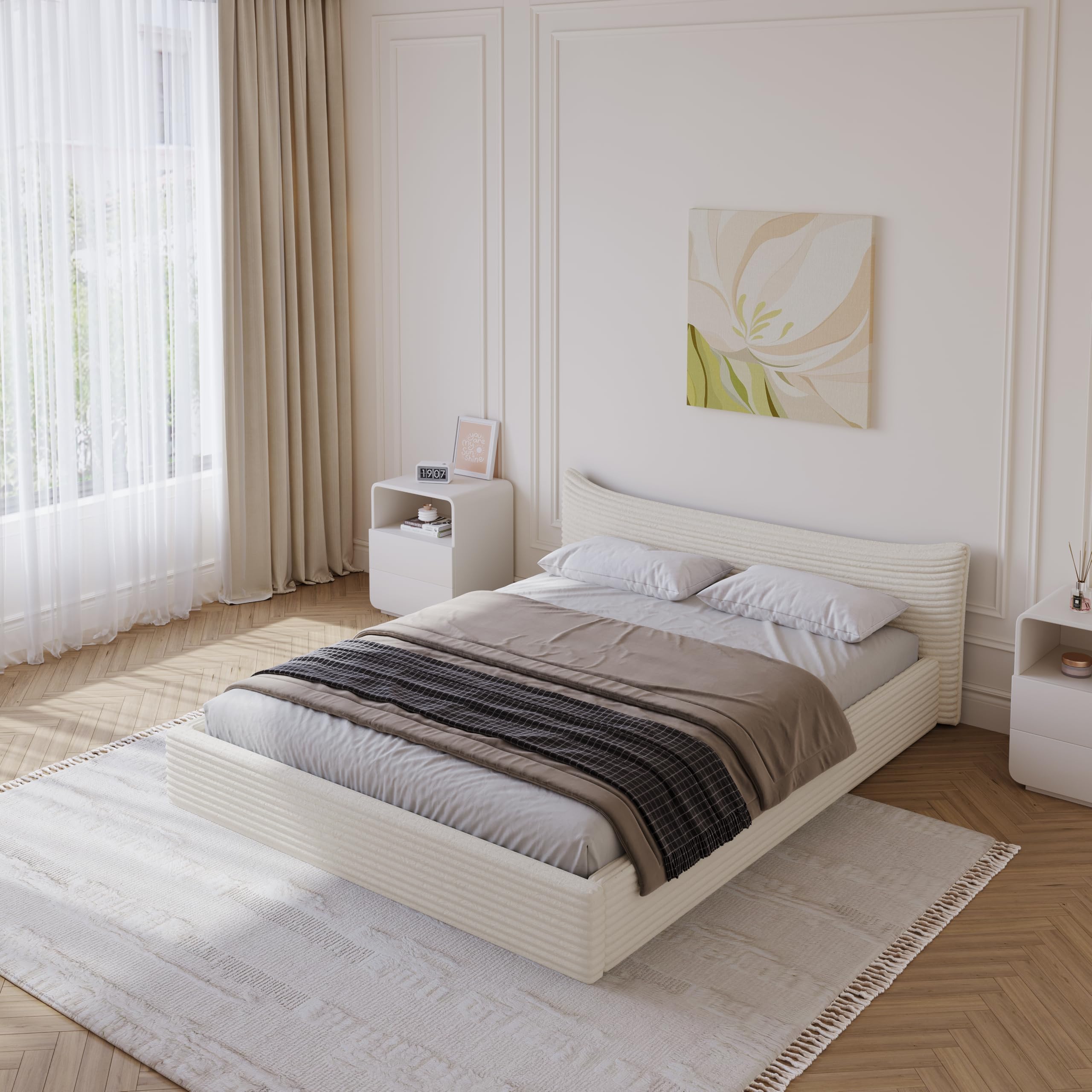SEE DESCRIPTION Queen Size Upholstered Platform Bed Frame with Curved Headboard, Grounded Low Profile Bed, Solid Wood Frame & Velvet Fabric, No Box Spring Needed, Easy Assembly for Bedroom, Cream Beige