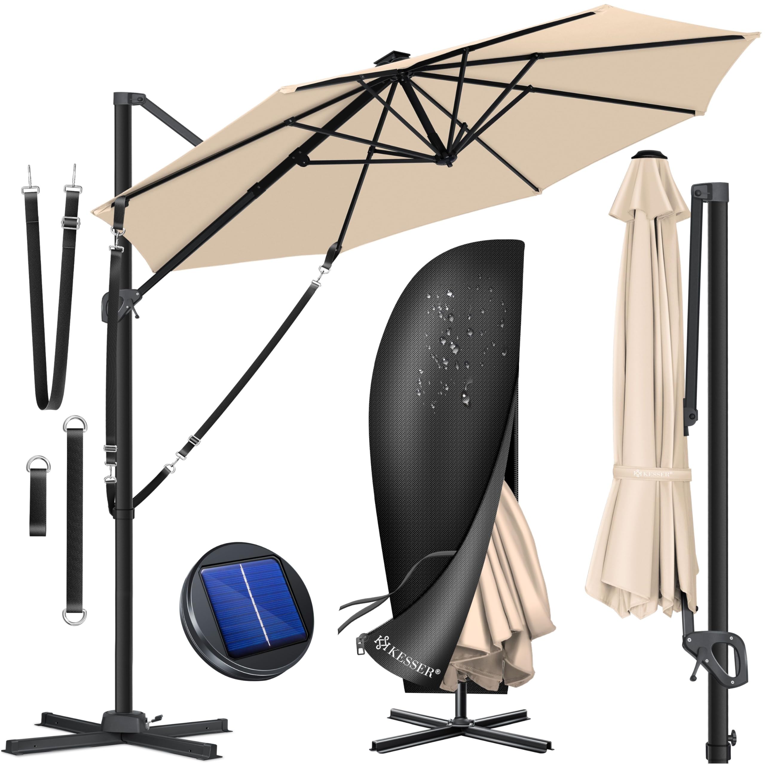KESSER® Sonnenschirm Ampelschirm SUN Rund XL Ø330 cm, 7-Fach Verstellbar Drehbar Neigbar Kippbar Groß 360° Drehbar Gartenschirm mit Kurbel Sonnenschutz UV50+, Inkl. Windschutz & Abdeckung, Beige