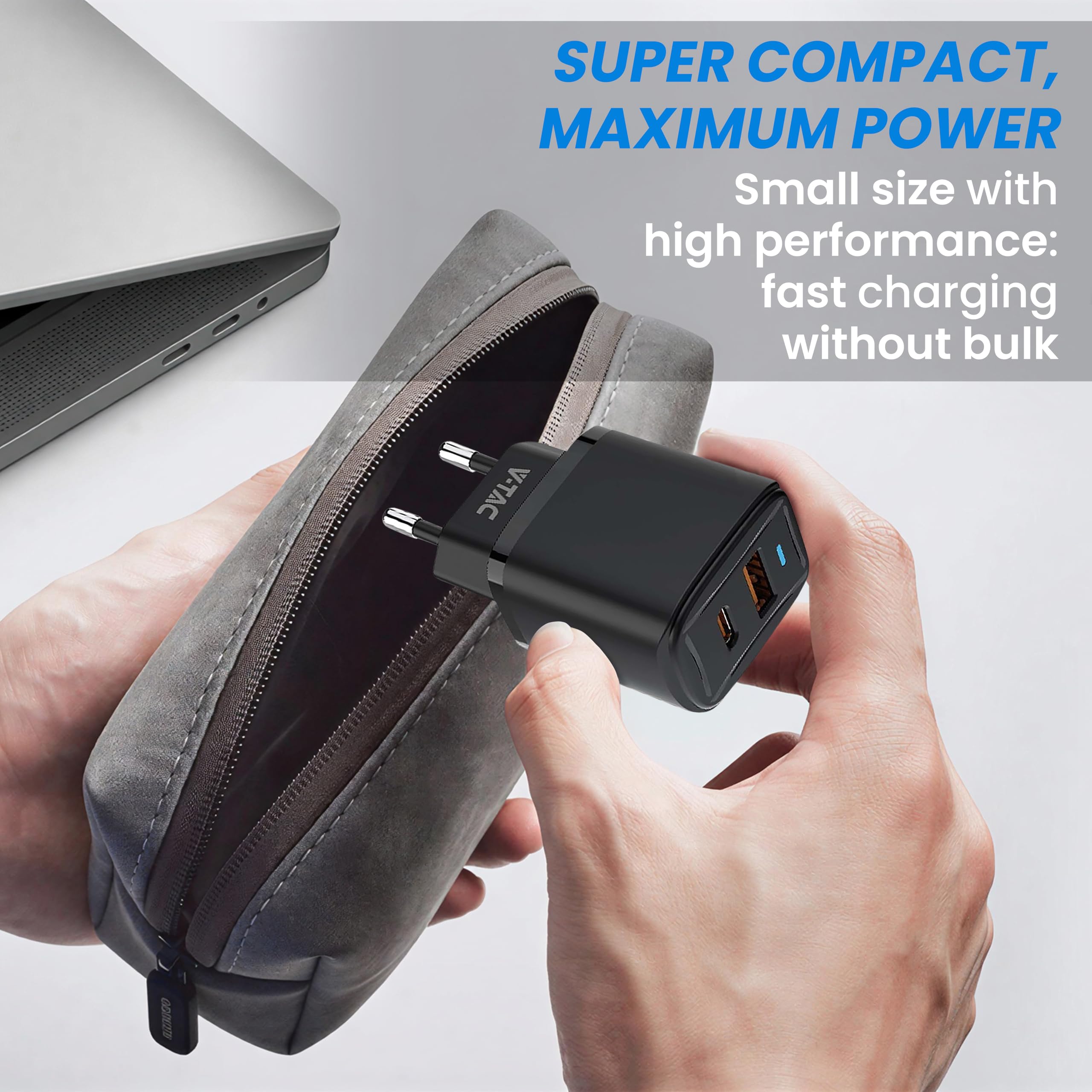 V-TAC Caricatore Rapido USB-C 20W per Iphone e Samsung – [SUPER PICCOLO] - per Smartphone e Dispositivi – 2 Porte: Type C + USB A - Compatibile Iphone 14/15/16/17 PRO/MAX e Galaxy S25 / S26 / A56