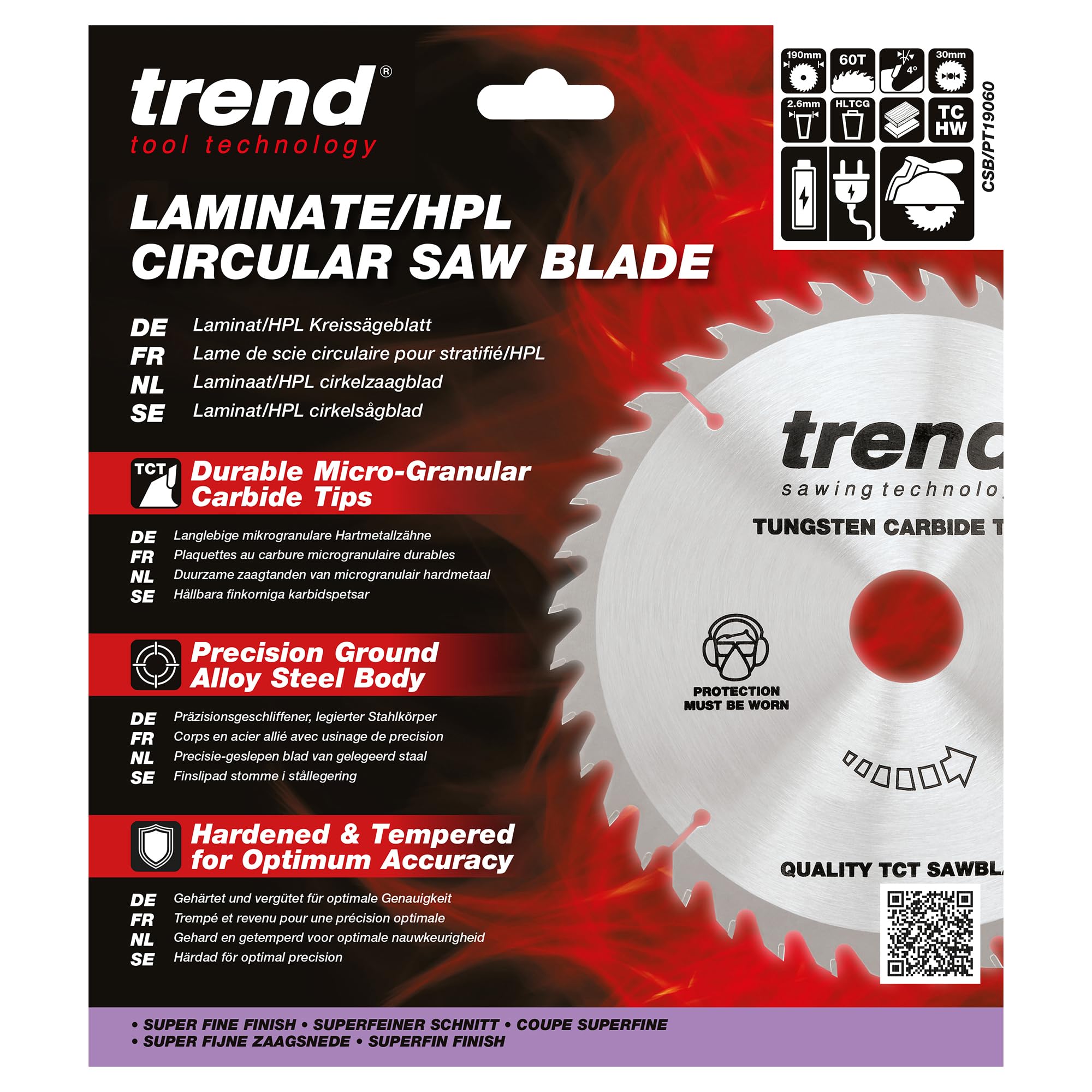 TREND Lame de scie circulaire pour stratifié et HPL, diamètre 190 mm, alésage 30 mm, 60 dents, trait de scie 2,6 mm, crochet +4°, TCT, finition, CSB/PT19060