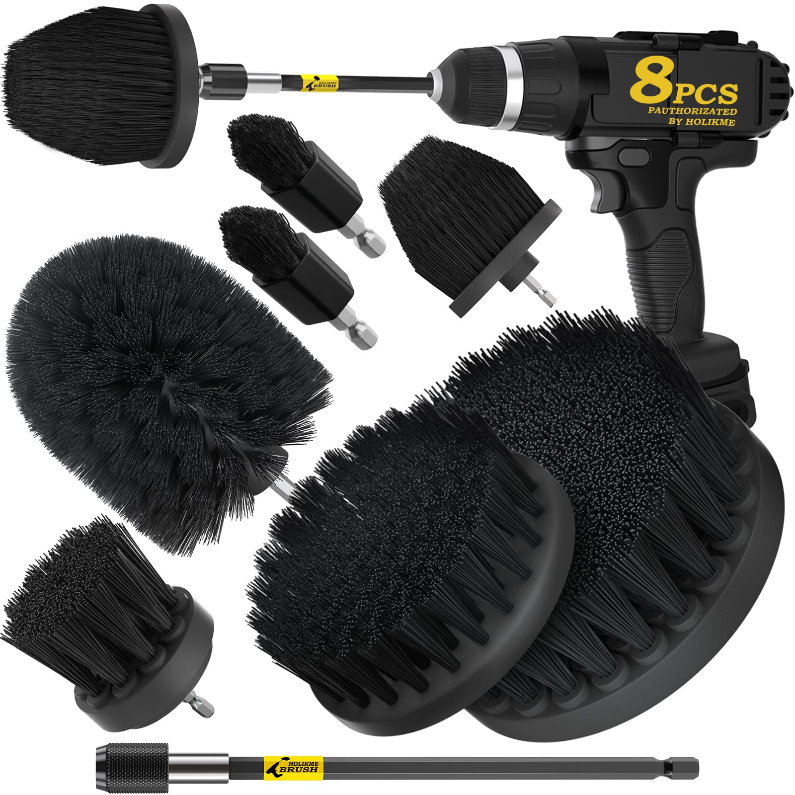 Holikme 8Pc Drill Brush Set - Scrub Brushes with Extension for Home Clean