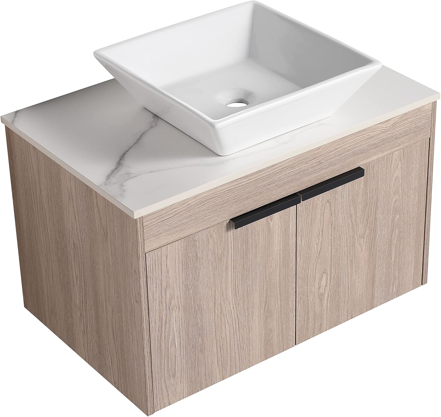 LKTART 30'' Floating Bathroom Vanity Ceramic Basin Sink Top Set Wall-Mounted 2 Doors Powder Room Oak
