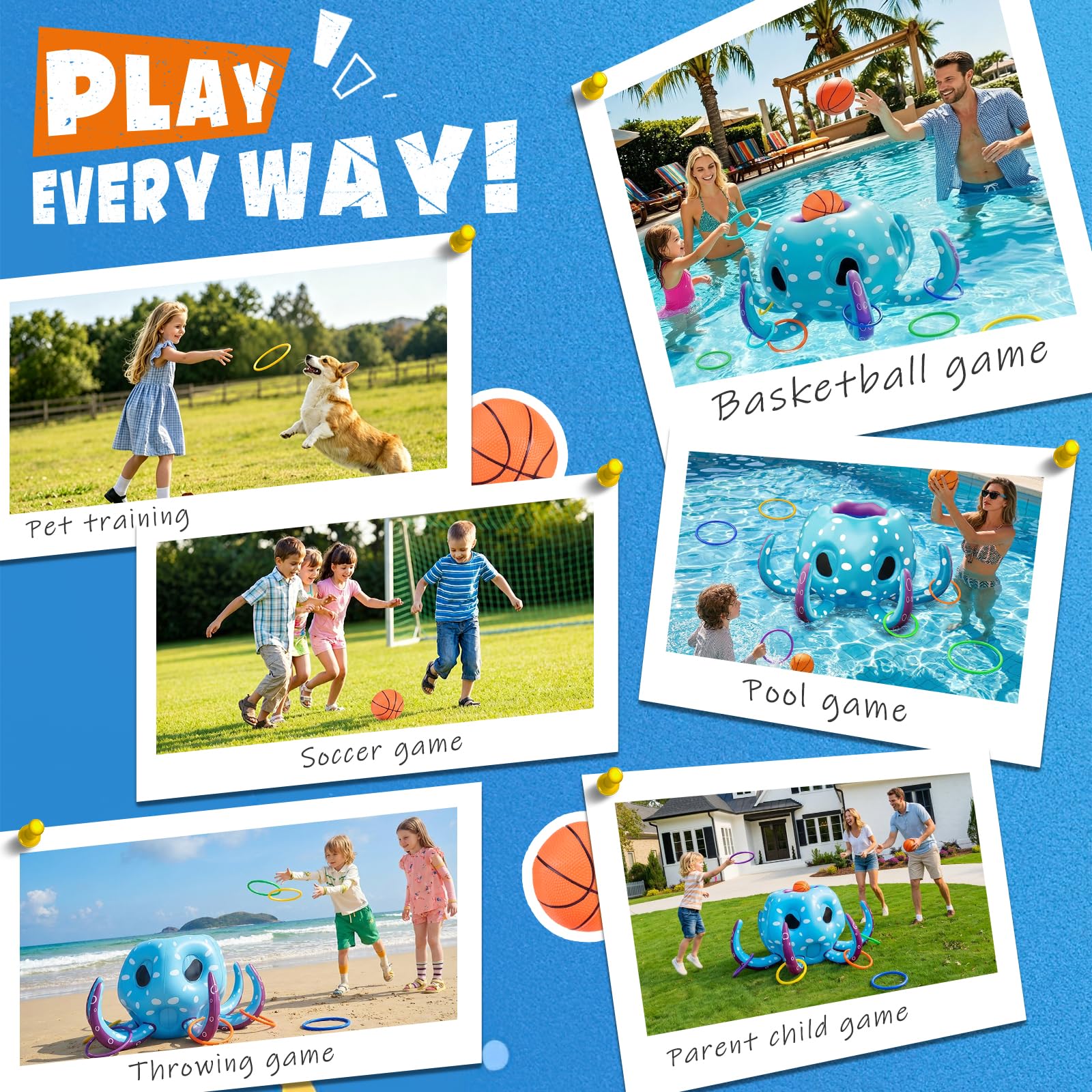 Juego de Piscina Hinchable Pulpo Niños, 2-en-1 Canasta de Baloncesto & Lanzamiento de Anillas, Juego Acuático Verano Playa, Regalo Cumpleaños para Niños Adultos Familia