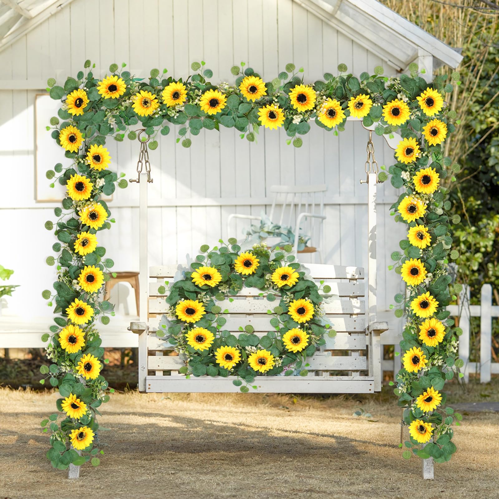 DEMIUKO 4 Stück Sonnenblumen Girlande Künstliche Blumen Girlande Frühling Blumengirlande Seiden Kunstblumen Reben Hängende Kunstpflanze Innen Außen Sonnenblumen Deko für Zuhause Balkon Garten Party