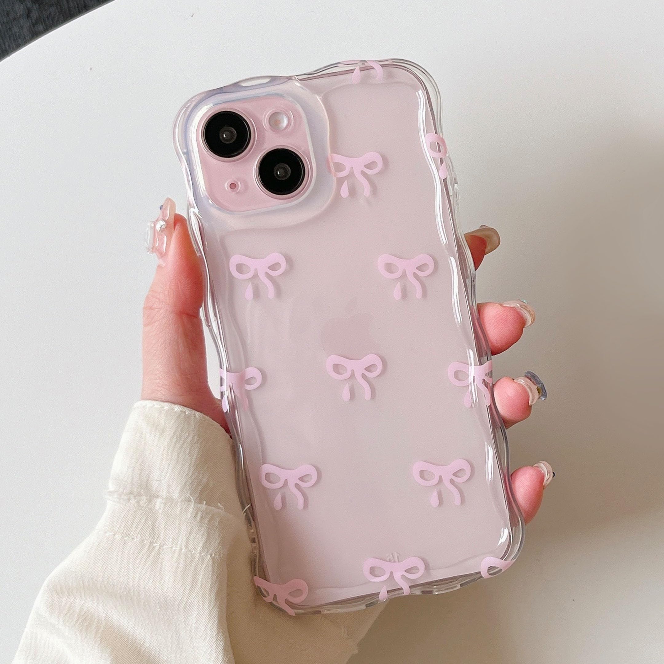QLTYPRI Custodia per iPhone 13/iPhone 14, graziosa custodia estetica con fiocco trasparente con fiocco, telaio ondulato riccio, sottile, morbida, trasparente, antiurto, protettiva per donne e ragazze