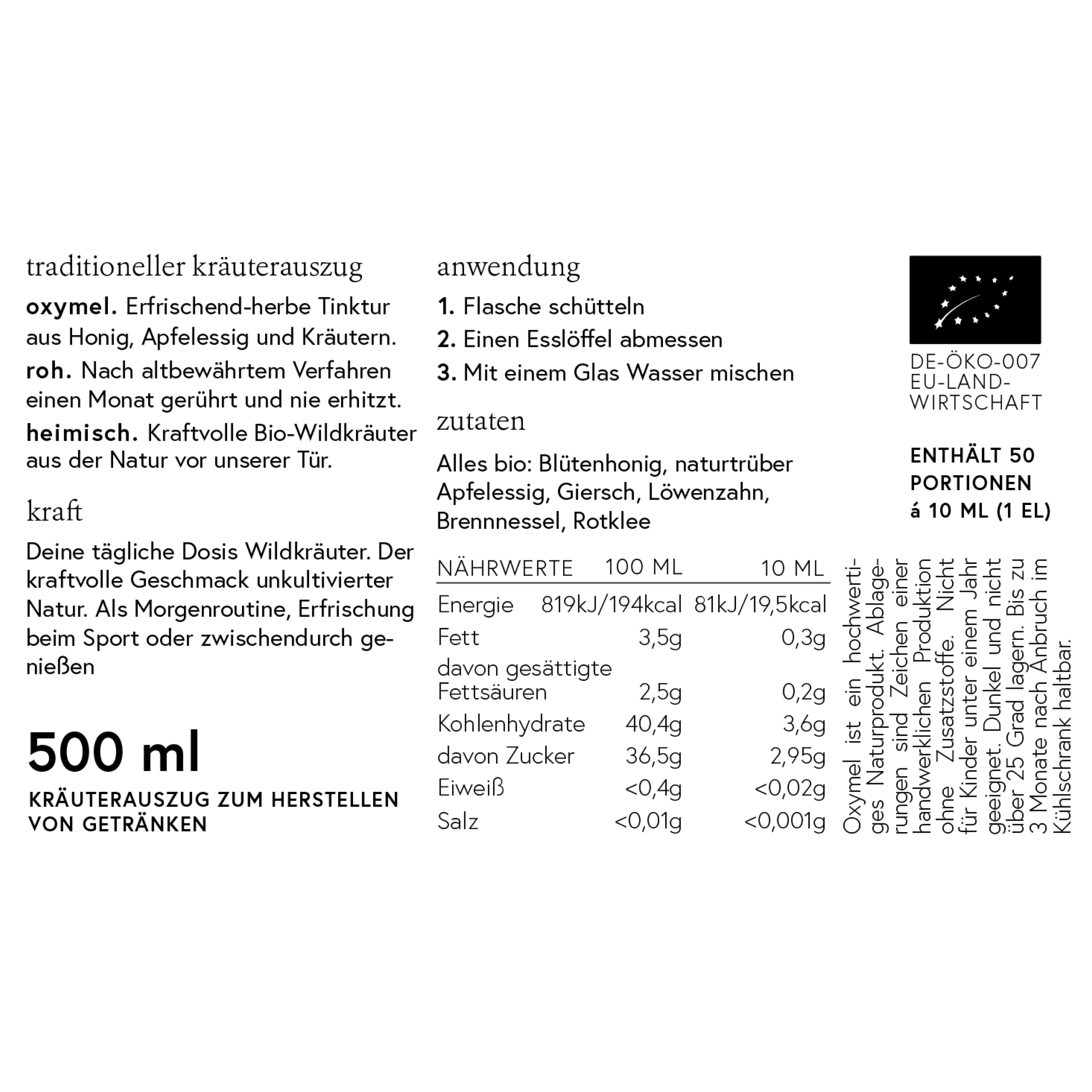 Kruut Kraft Kräuterauszug bio 500ml | Wildkräuter: Giersch, Löwenzahn, Brennnessel, Rotklee, Oxymel Tinktur, Kräuterdrink Sirup Kur, Ideal zum Sport oder am Morgen