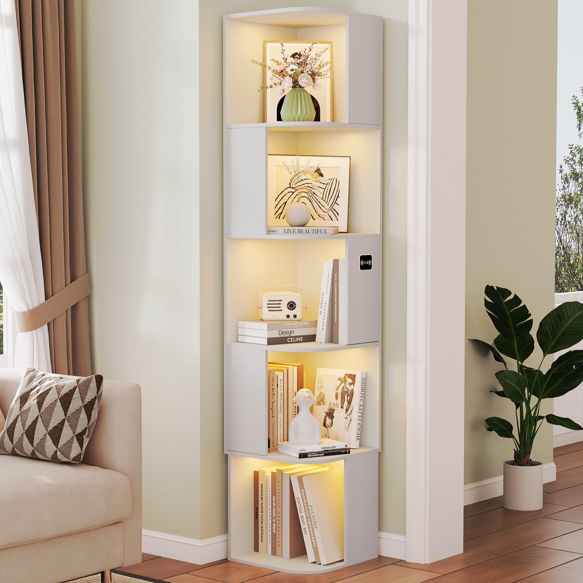 64.8 " Corner Wood Bookcase with Body Sensor LED for Home Office,White