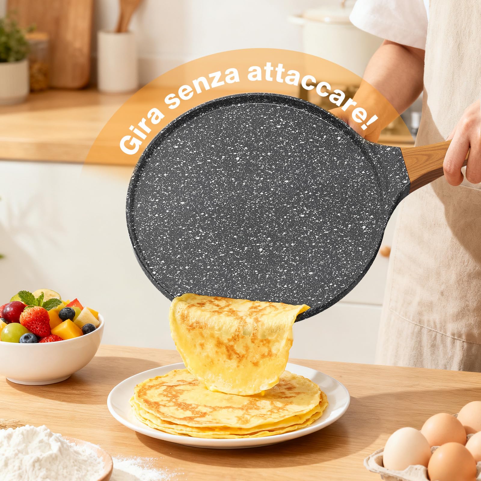 YASHE Padella per Crêpes 26 cm, Antiaderente e Piatta, Padella per Pancake, con Spatola in Legno, Facile da Pulire, Ideale per Crêpes, Pancake e Omelette