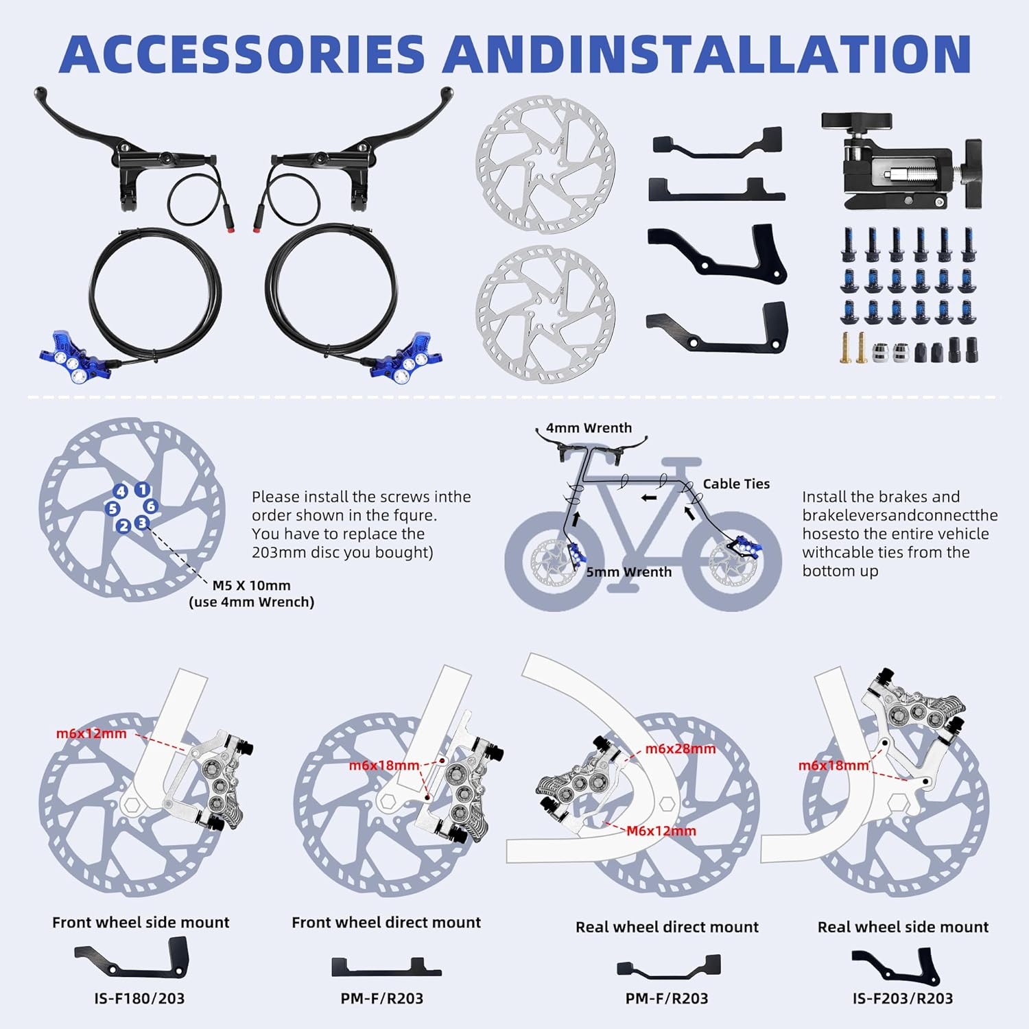 6 Pistons Hydraulic Brakes for Ebike, Hydraulic Brake Kit for E-bike MTB Mountain Bike, Electric Bike Pre-Bled Brake Set, 2-Pin Waterproof Power-Off Sensor Connectors, 203mm Brake Disc Rotors