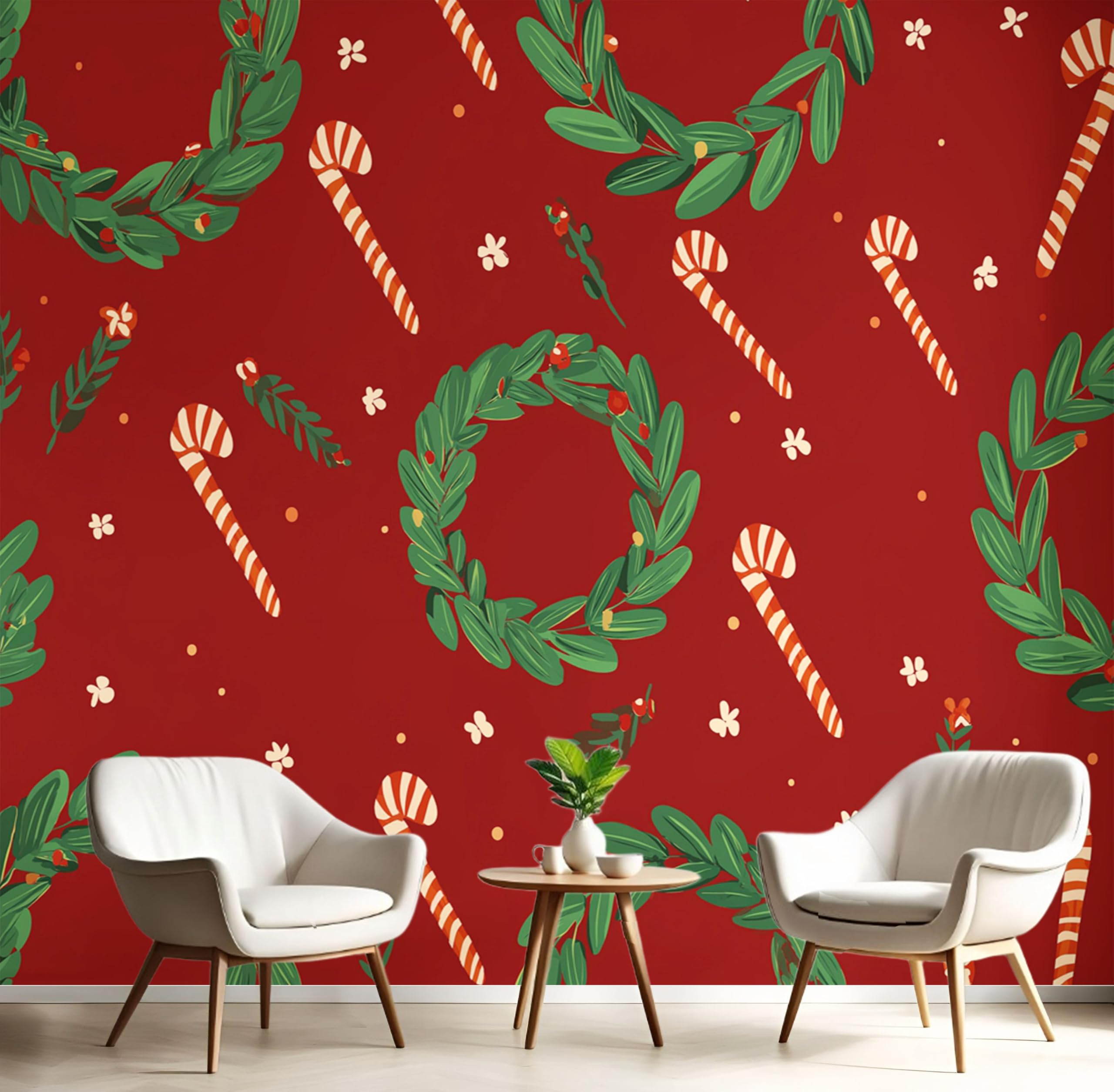 Papier peint panoramique Couronne de Noël rouge bordeaux pour salon festif retro