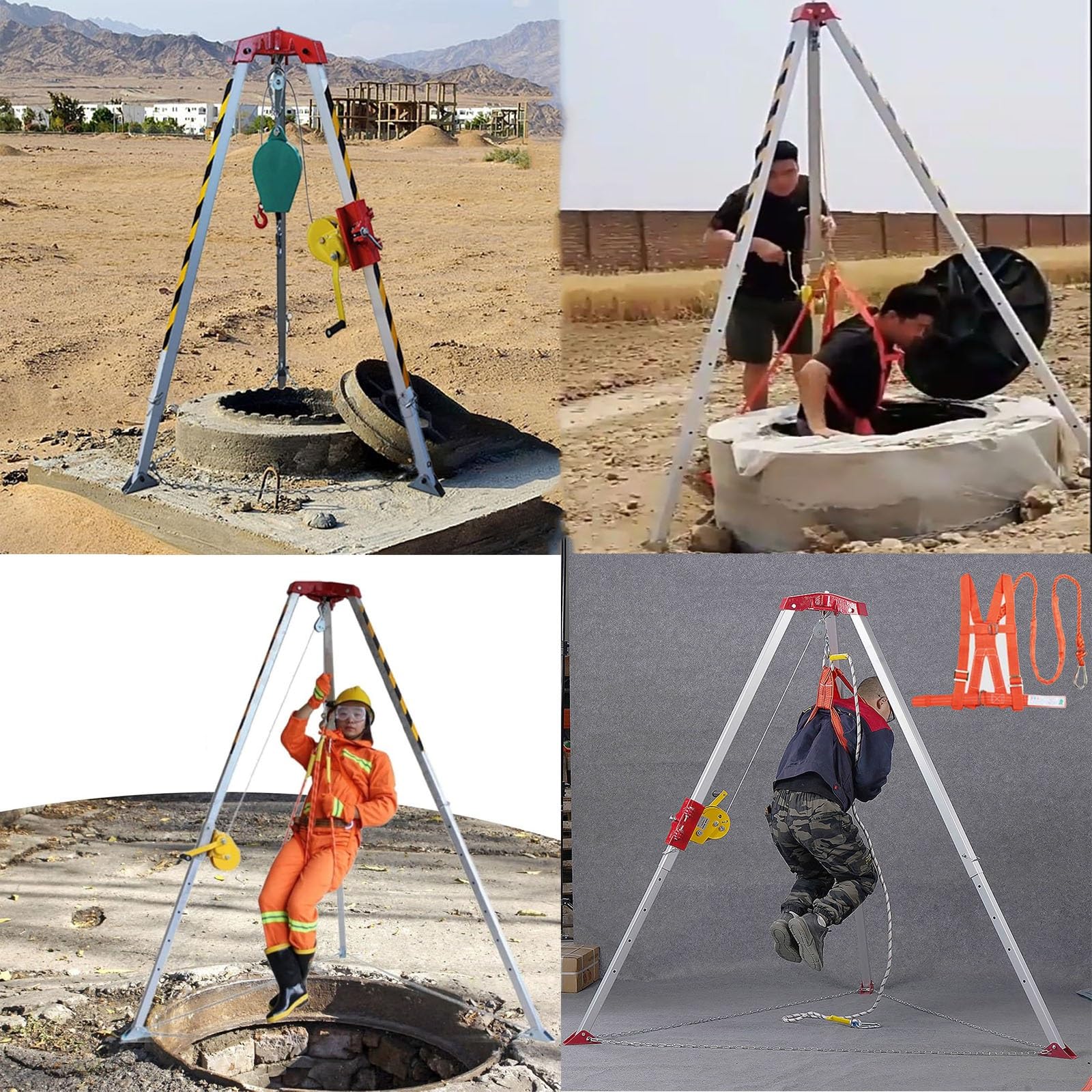 Sistema de rescate de trípode para espacios reducidos con cable de acero y arnés de seguridad, capacidad de carga de 1200 libras para operaciones de elevación de emergencia y rescate de alcantarillado