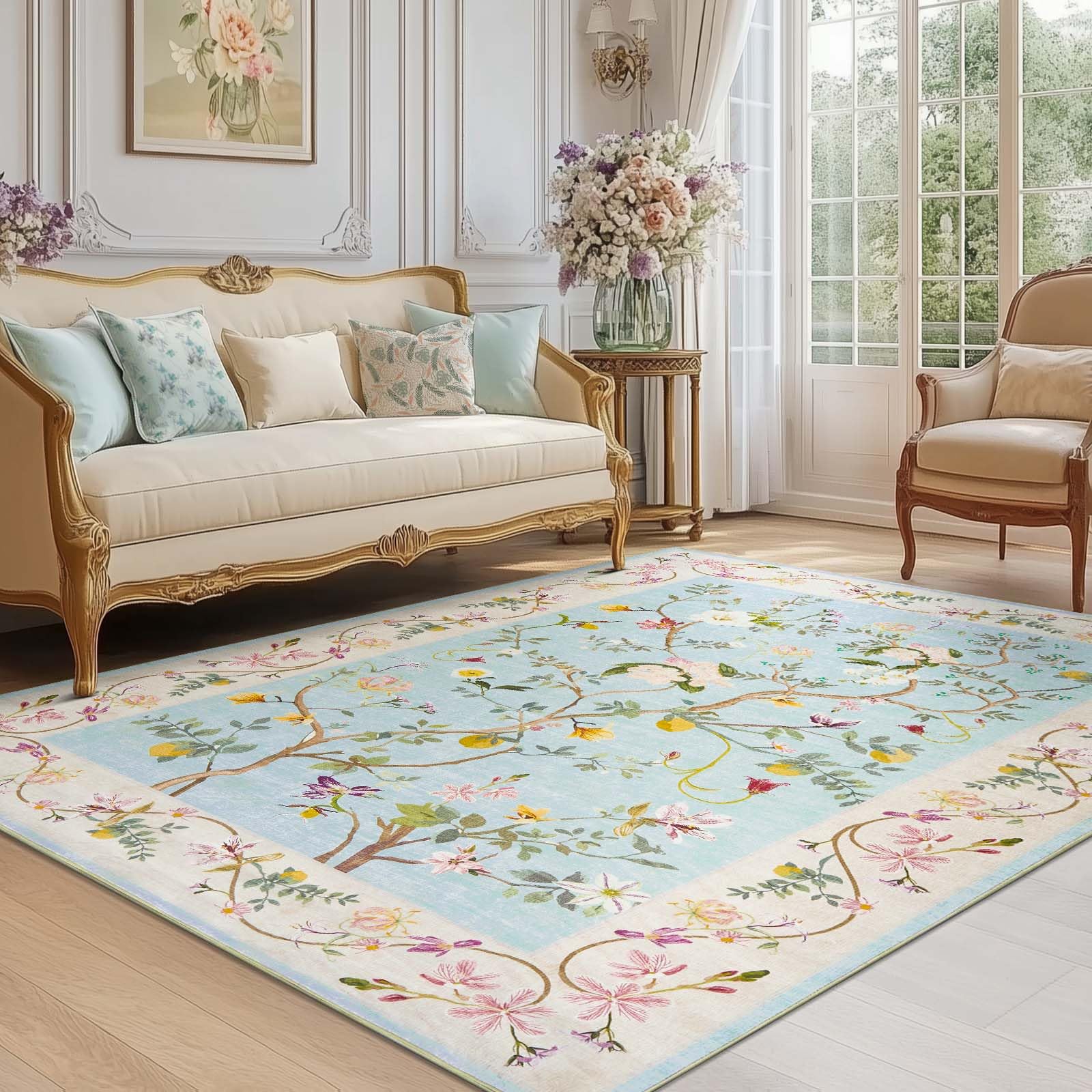 jinchan Floraison Soft Floral 4x6 Rug Machine Washable Area Rugs Non Slip Stain Restistant Chinoiserie Mat Low Pile Flowers Carpet for Living Room Bedroom Playroom Office Blue/Pink