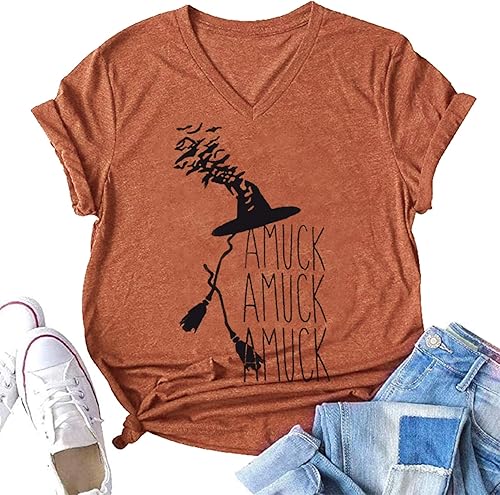 Amuck - Camiseta divertida de Halloween con cuello en V para mujer, estilo Hocus Pocus, para otoño, casual, estilo vintage, escoba