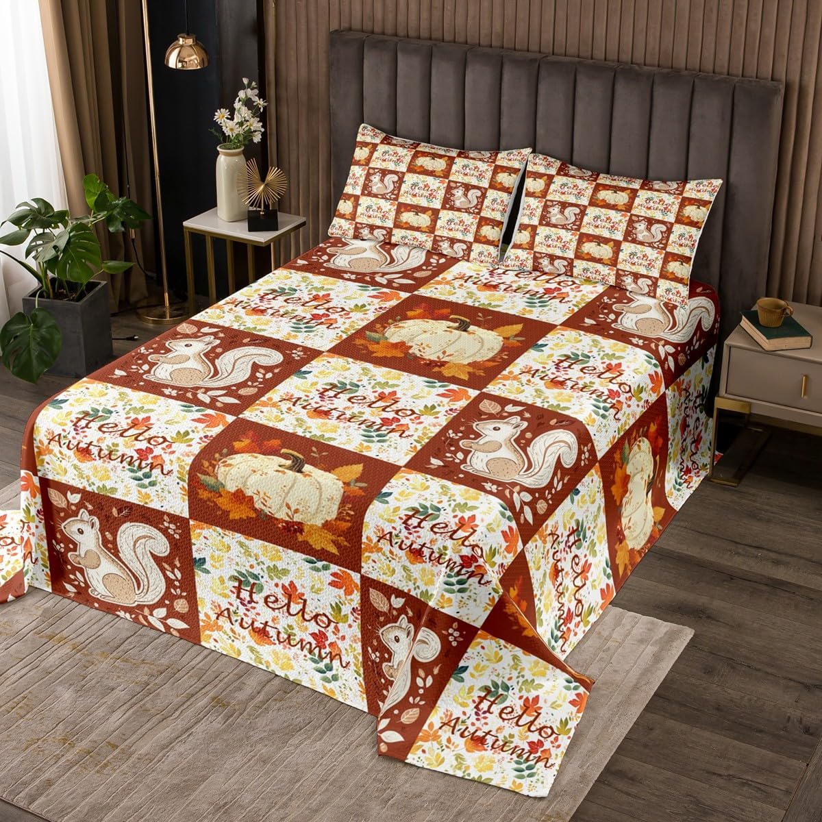 Homewish Hello Autumn Bedspread Twin Size,Pumkin Maple Leaves Bedding Set for Kids Girls Boys Teens Room Decor,Orange Brown Grid Patchwork Comforter Set Cartoon Squirrel Quilt Coverlet,1 Pillowcase