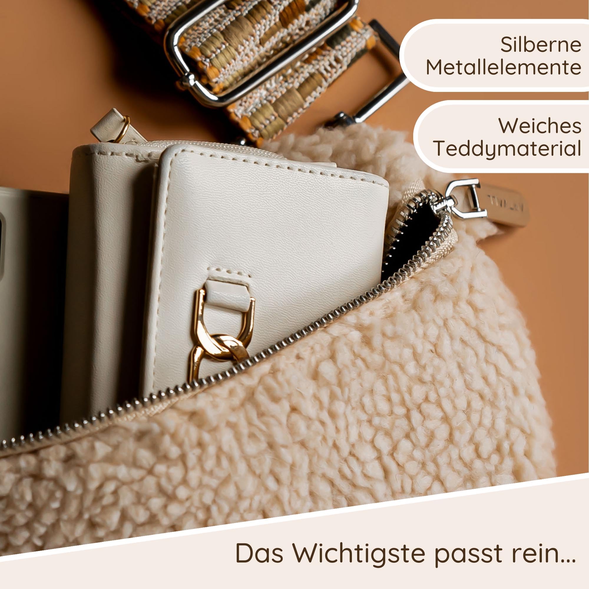 Umhängetasche Teddystoff Tasche Handtasche Plüschtasche Bauchtasche Teddyfell Plüsch mit Schultergurt Design Taschenband abnehmbar verstellbares Riemen Crossbody Bag Damen mit Reißverschluss