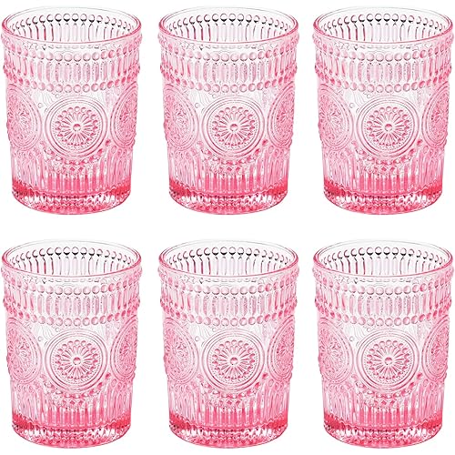 Romantic Water Glasses-10.5 OZ Pink Vintage Drinking Glasses Tumblers for Whisky, Beer, Juice, Beverages, Cocktail (6 PCS Pink)