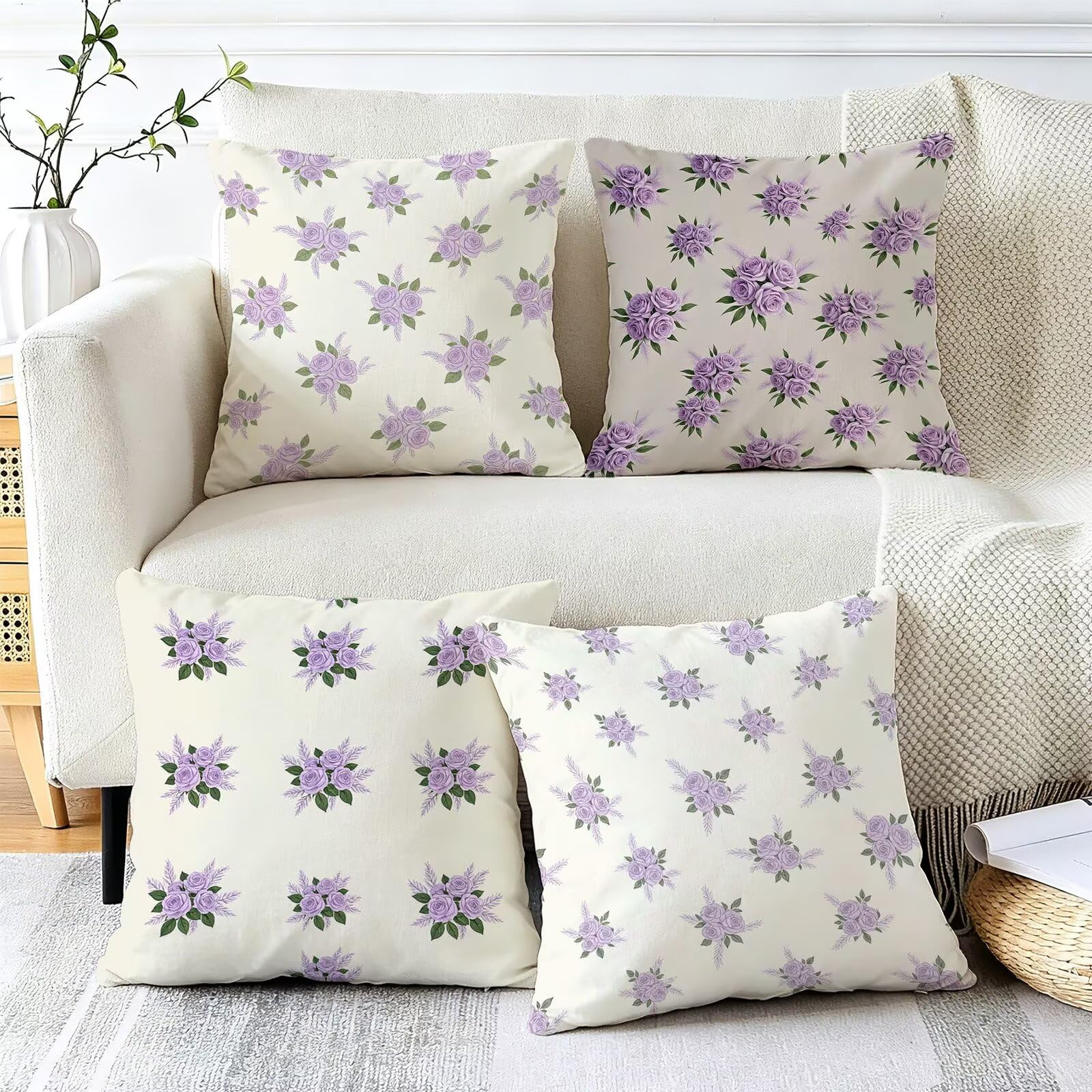 Viola Federe Cuscini Divano 45x45cm, Cuscini da Esterno Set de 4, Cod-48 | Velour Copricuscini Decorativi Letto Arredo, per Letto, Soggiorno, Giardino, Esterno, Casa Decorazione Set di 4 Fiore