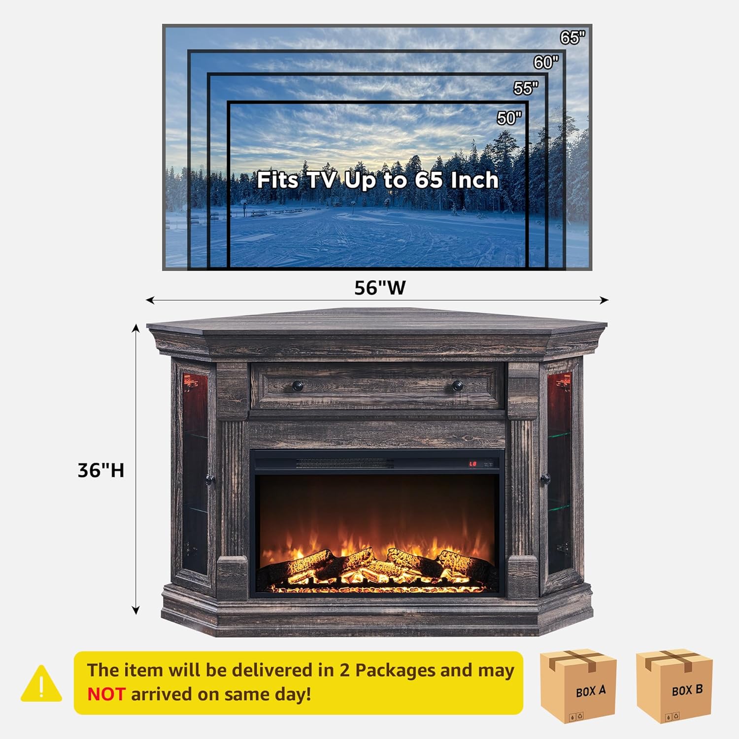 Diagram showing the dimensions of the OKD 56-inch Corner Fireplace TV Stand and indicating delivery in two separate packages.