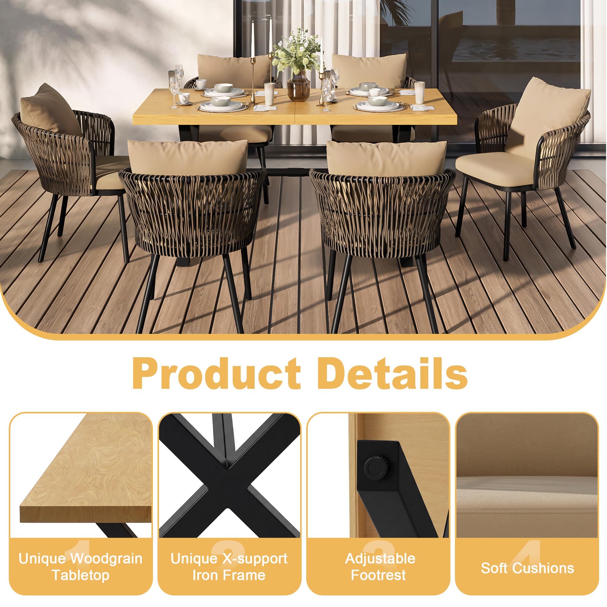 Moderno set da pranzo per esterni, set da giardino in rattan, per il tempo libero e la riunione per più persone, struttura in ferro, intrecciato, cuscino incluso.