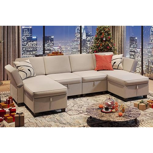 VOWNER Convertible Modular Sectional Sofa Sleeper Couch U Shaped Modular Sofa with Storage Seat, 6 Seat Sectionals Couch Grey