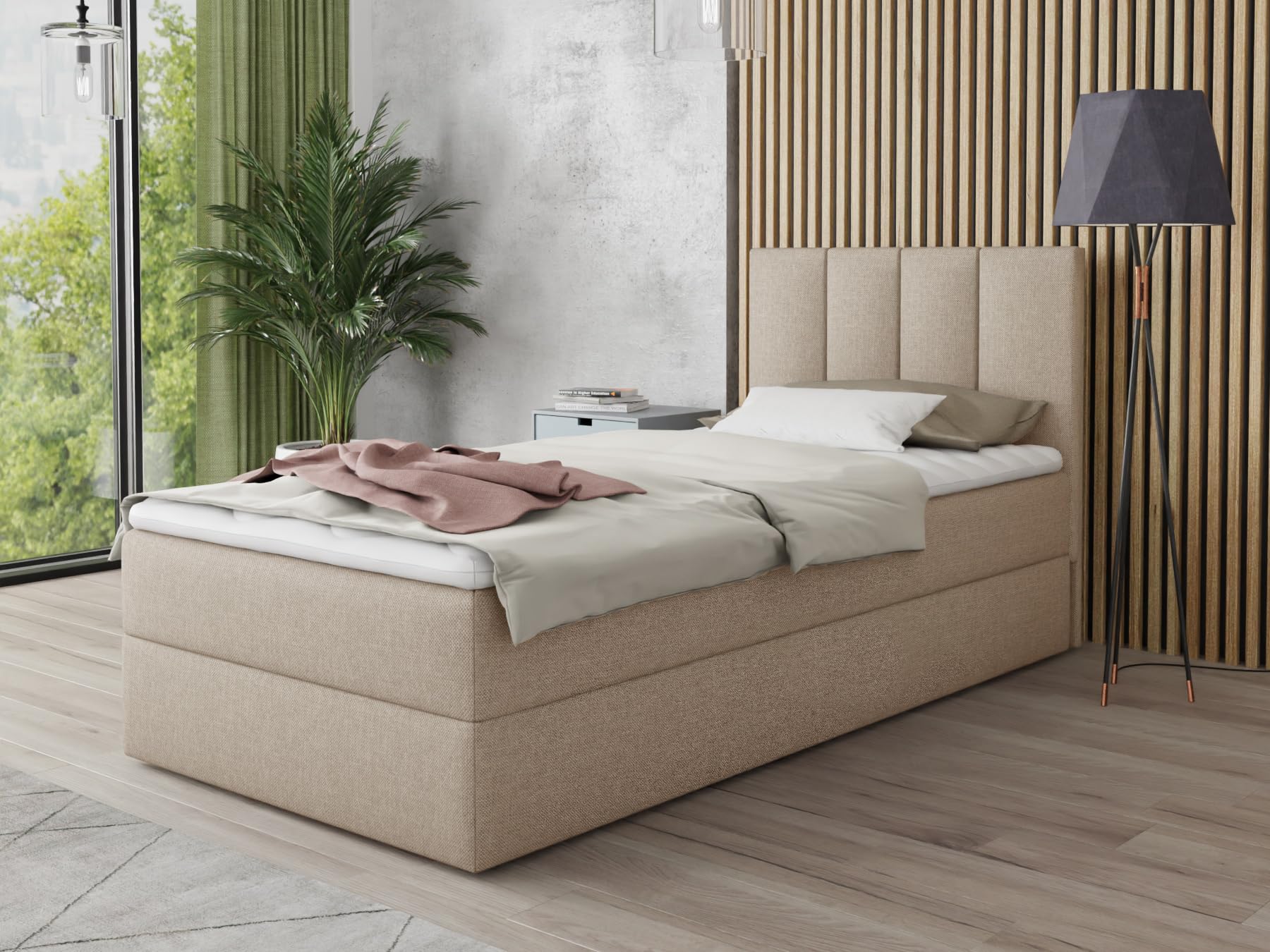 Sofnet Boxspringbett Star Mini mit Bettkasten, Bonell-Matratze und Topper - Einzelbett mit Matratzentopper, Polsterbett, Bett, Schlafzimmer, Jugendzimmer (Beige (Inari 22), 120 x 200 cm)