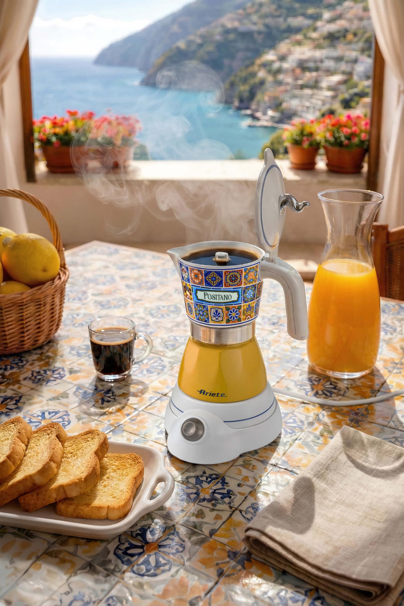 Ariete 1358/1P Moka Aroma Positano, Moka elettrica, 400W, 2/4 tazze, Cordless, Spegnimento automatico, Mantenimento temperatura