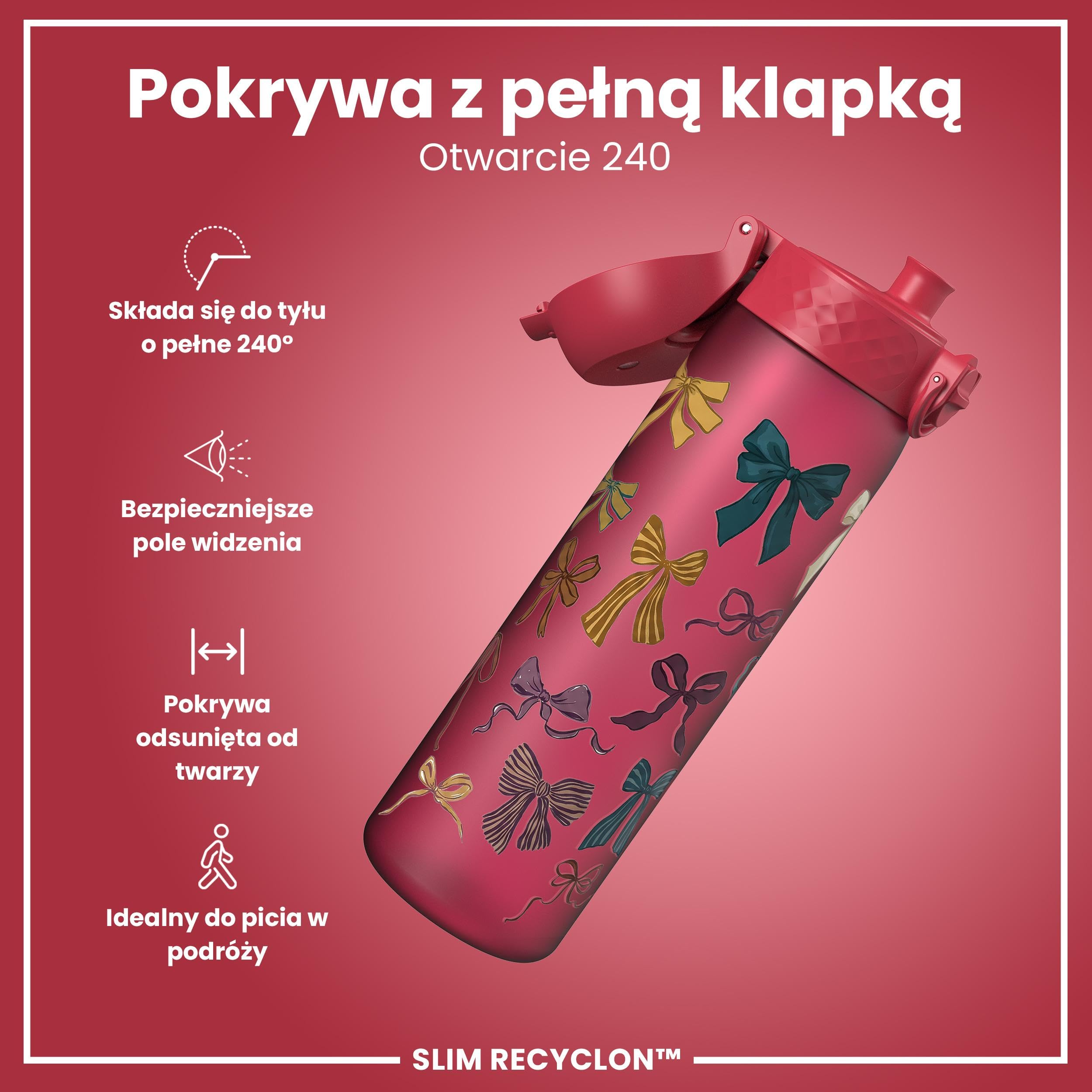 ION8 Butelka na Wodę, 500 ml/18 oz, Szczelna, Łatwe Otwieranie, Bezpieczny Zamek, Można Myć w Zmywarce, Bez BPA, Higieniczne Pokrycie, Uchwyt do Przenoszenia, Łatwa Czyszczenie, Kokardy